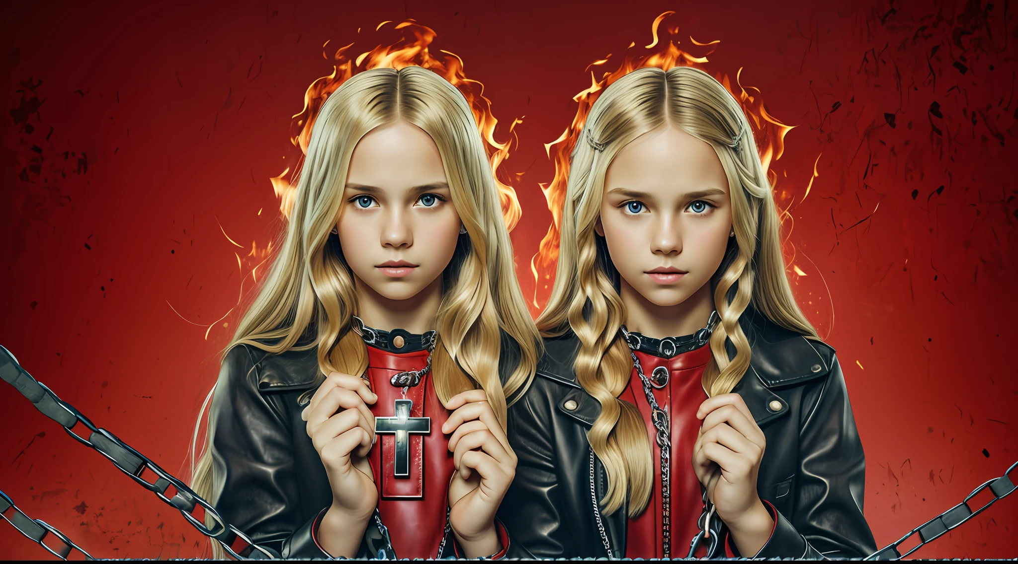 A half body, portrait of 3 girls German children long blonde hair of 12 years, red leather jackets, holding in their hands a cross, background of chains, chain, more chains, many chains, , red, red fire, many background flames.