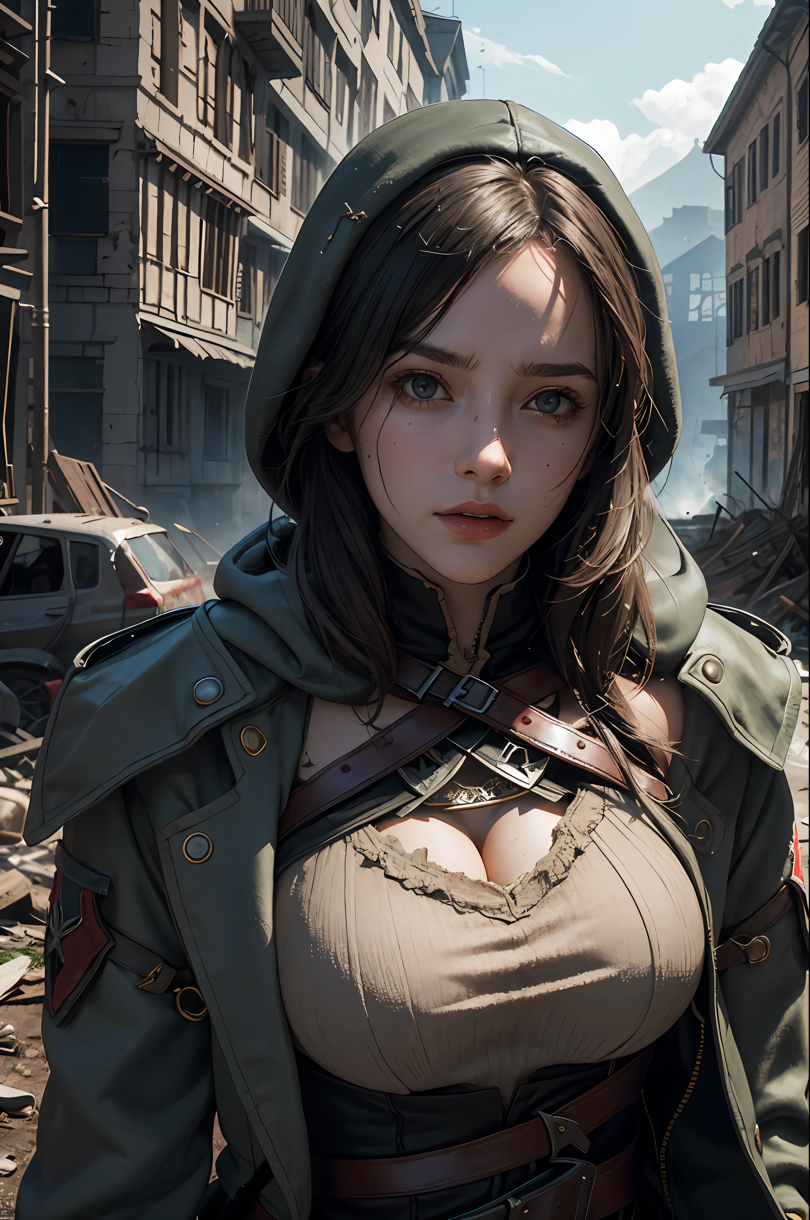 Create a compelling Assassin’s Creed Concept Art piece inspired by the WW2 era, crafted in the style of ultra-realistic visuals with meticulous attention to detail. Portray a young and captivating European girl adorned in a worn US military uniform, her face obscured by a hood with enormous breasts. Set the scene amidst the haunting aftermath of a battlefield, showcasing the devastation and destruction left in the wake of war. Emphasize the realism and intricacy of the environment, capturing the gritty textures, shattered structures, and somber atmosphere in stunning 8K resolution.