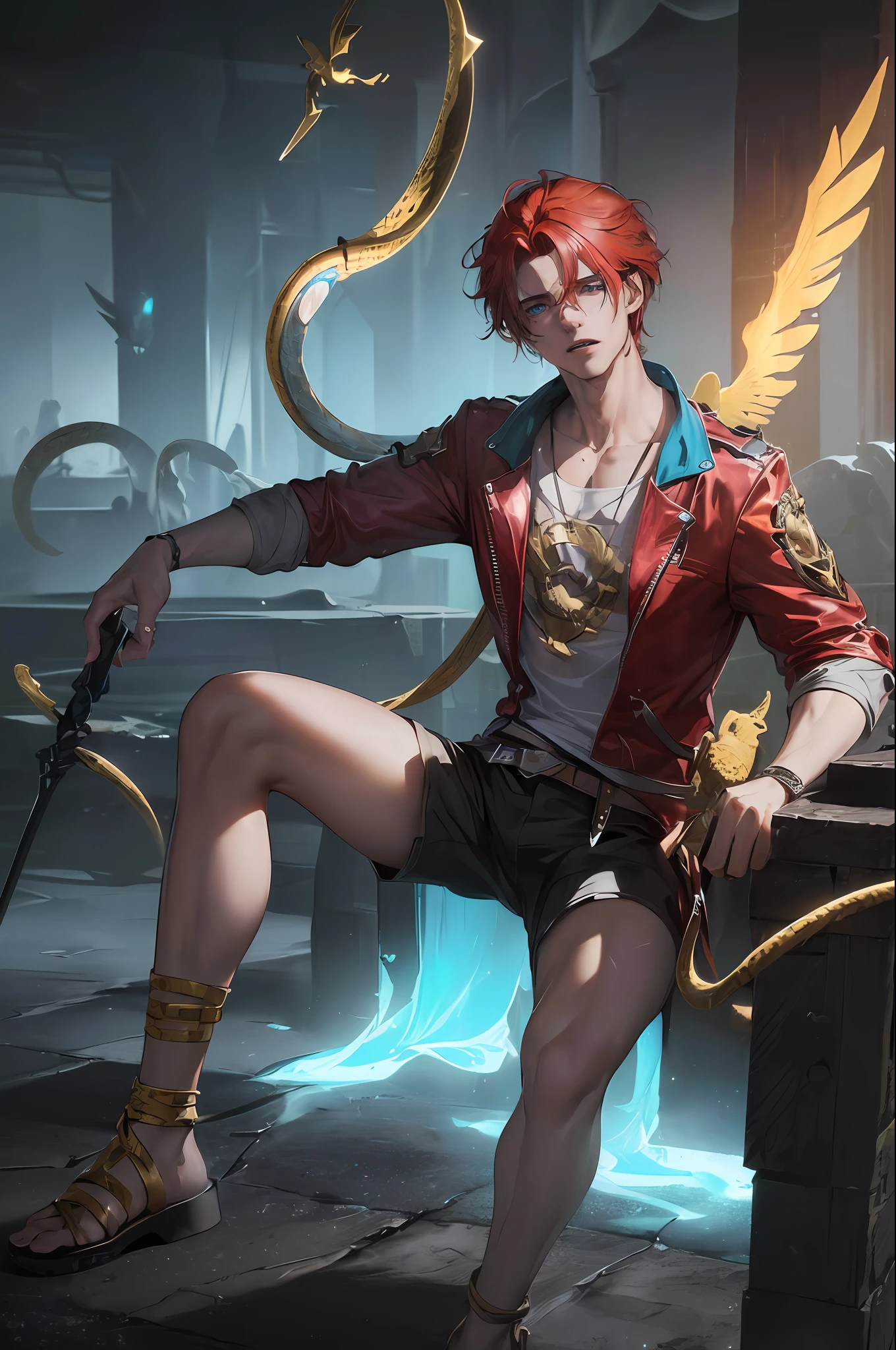 god Hermes, ((male),cheerful man, short red hair, bright blue eyes, yellow T-shirt and shorts, laurel wreath on his head, winged sandals, staff akklepios decorated with two snakes in his hands, beautiful daytime sky, clouds, flight, height, flies across the sky, Hyperdetailed, ArtStation, CGsociety, 8K, Surrealist, Zbrush, Unreal Engine 5, Bright colors, Greg Rutkowski, Darksynth, Weta Digital, Focus, Octane rendering, Super sharp,  Cinematic Light, High Quality, High Resolution, Style Smooth Color Manga Hayao, Photorealistic, High Detail, 8K, Trending Artstation, Octane Rendering, Cinematic Lighting, 3D Rendering, Vray Caustics, Volumetric Lighting, Dark Atmosphere, Moody Colors, Sense of Awe, Concept Art, Unreal Engine 5 Rendering, Cinematic Center Shot, Hyper Realistic, Ultra Detailed;
