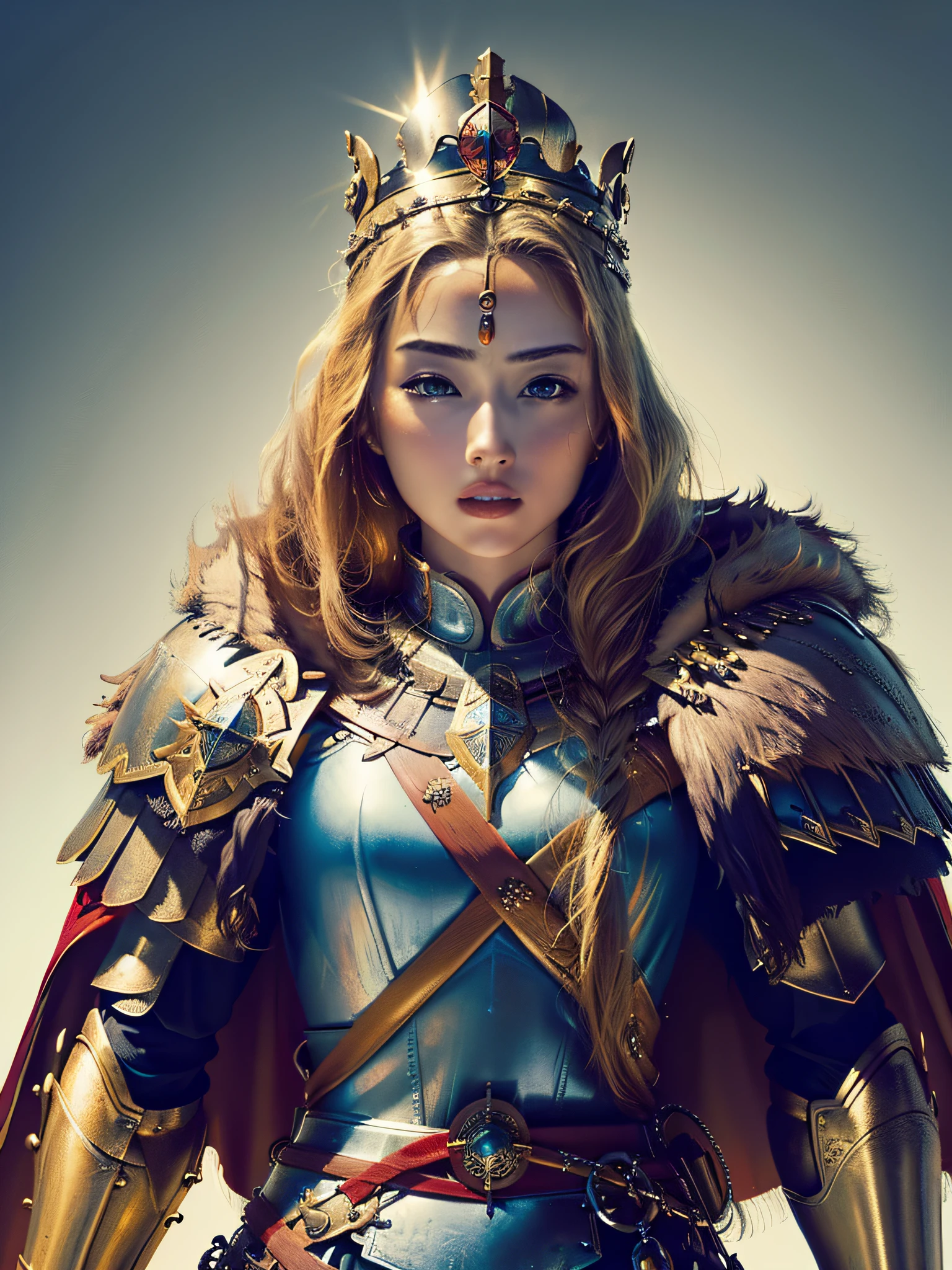 (masterpiece, top quality, best quality, official art, beautiful and aesthetic:1.2), (1girl), (warrior queen armor, fur-lined cape, jeweled crown:1.2),serious