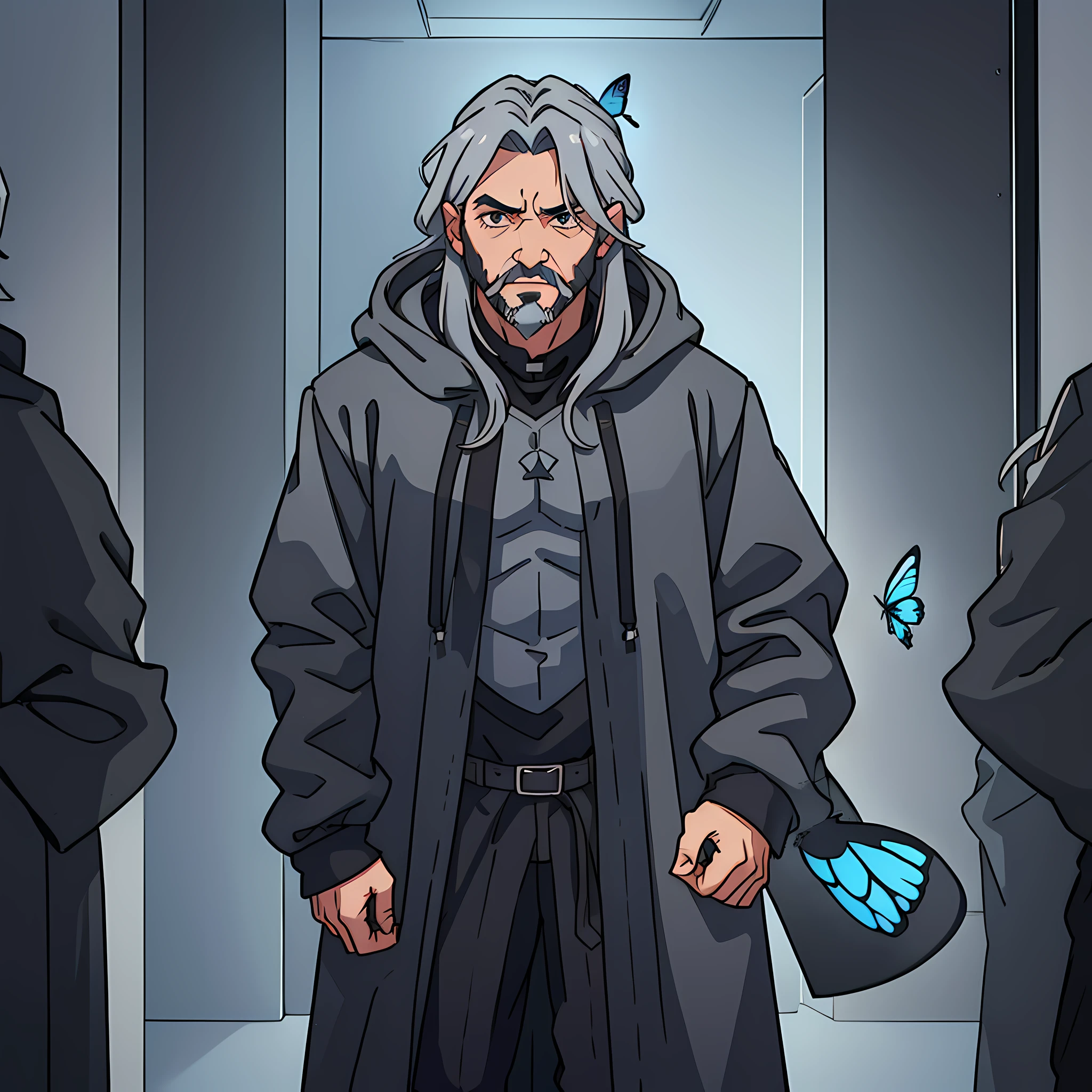 a man with long gray hair and a full gray beard, wears a huge black hooded overcoat, a black shirt slightly open, and you can see a symbol of a butterfly on his chest. He in a medieval tarvena