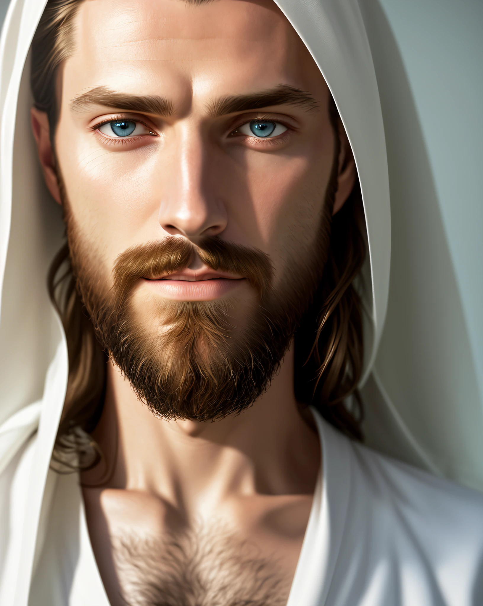 (symmetry),centered,a ((close)) up portrait,(Jesus),a very thin white man with long hair and a beard,wearing a long white robe,35mm,natural skin,clothes  detail, 8k texture, 8k, insane details, intricate details, hyperdetailedhighly detailed,realistic,soft cinematic light,HDR,sharp focus, ((((cinematic look)))),intricate, elegant, highly detailed