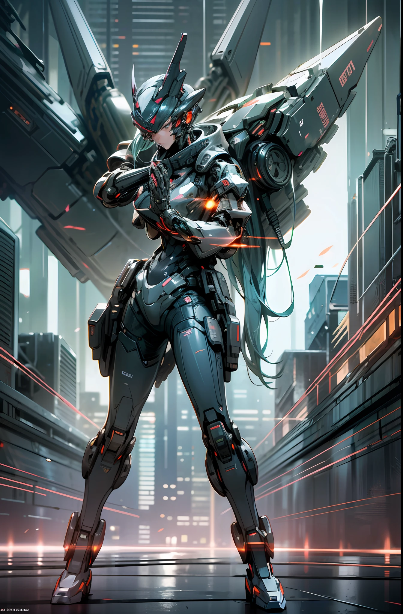 Cyberpunk, (black:1.1), portrait of 1 female Mecha,Robotic presence,Cybernetic guardian, (((facing camera pose))), looking at camera, plasma rifle,cyberpunk street background, cinematic lighting, dark shadows