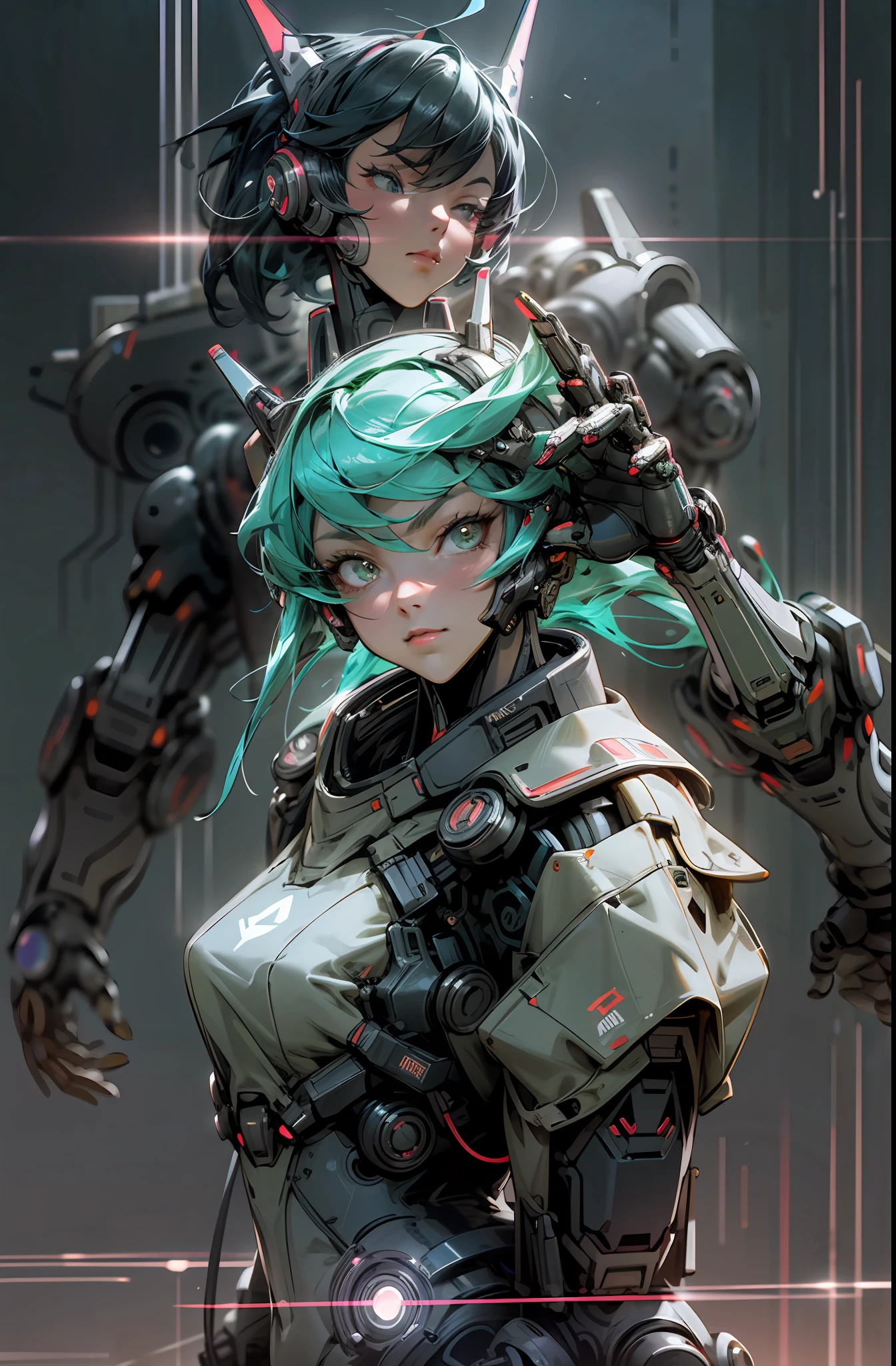 Cyberpunk, (black:1.1), portrait of 1 female Mecha,Robotic presence,Cybernetic guardian, (((facing camera pose))), looking at camera, plasma rifle,cyberpunk street background, cinematic lighting, dark shadows