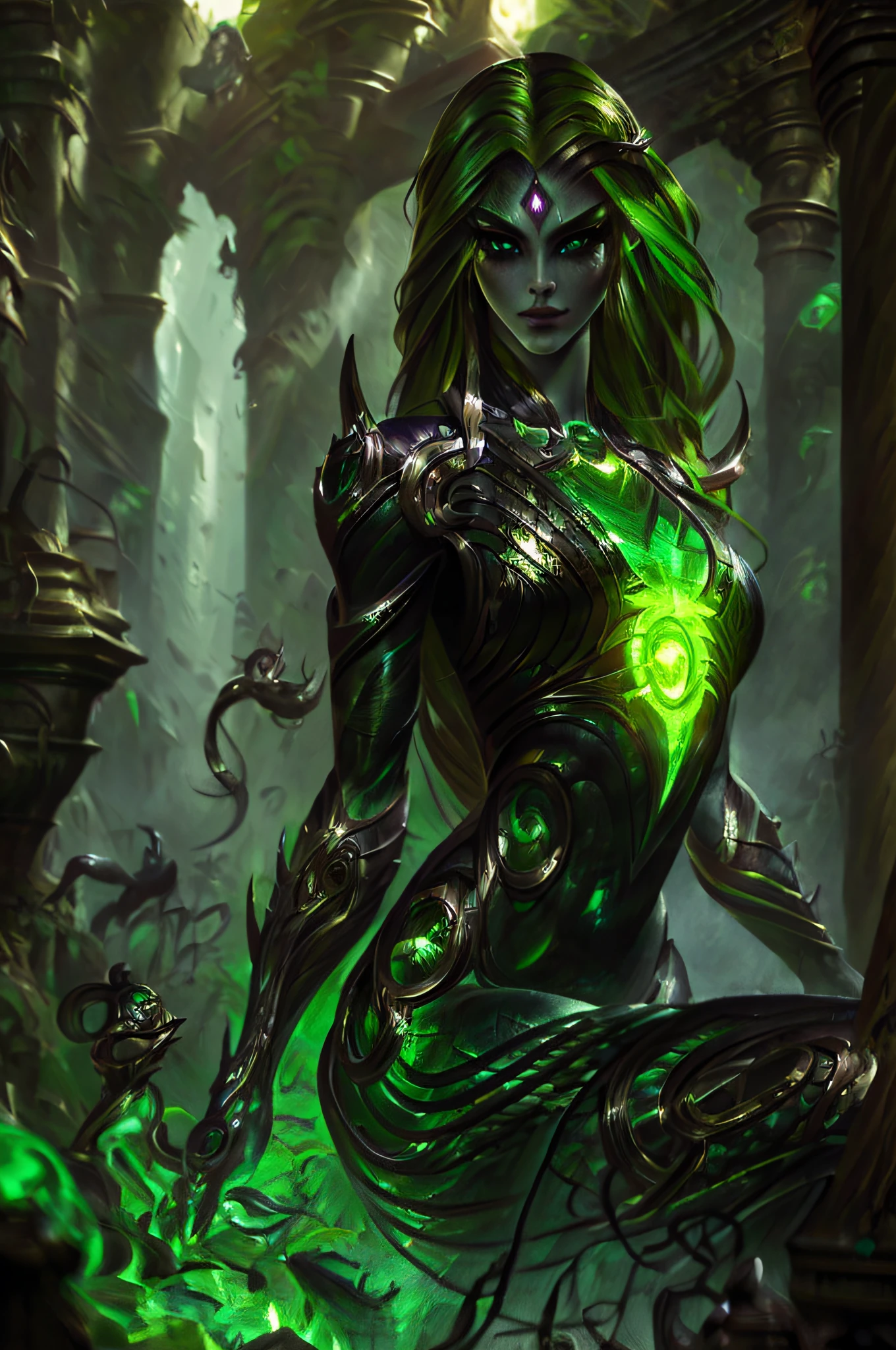 ((best quality)), ((masterpiece)), ((realistic)), Medusa, full body, glowing green eyes, female face, , trending on artstation, sharp focus, studio photo, intricate details , very detailed, detailed eyes, illustration, very detailed, sharp focus, digitally rendered, professional, 4k