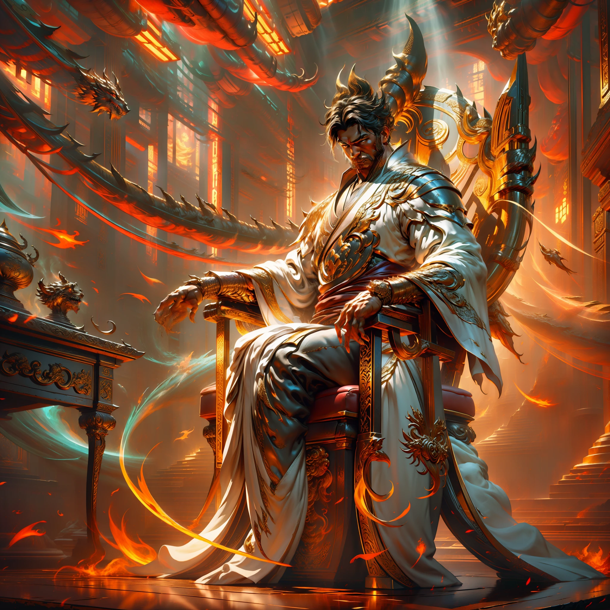 Masterpiece, best quality, extremely detailed CG unified 8k wallpaper, painting, brush, full body, separated, animated art, super fine silhouette, fantasy art, a man wearing a dragon robe, golden dragon robe, sitting on the throne of a dragon chair, gorgeous chair in gold