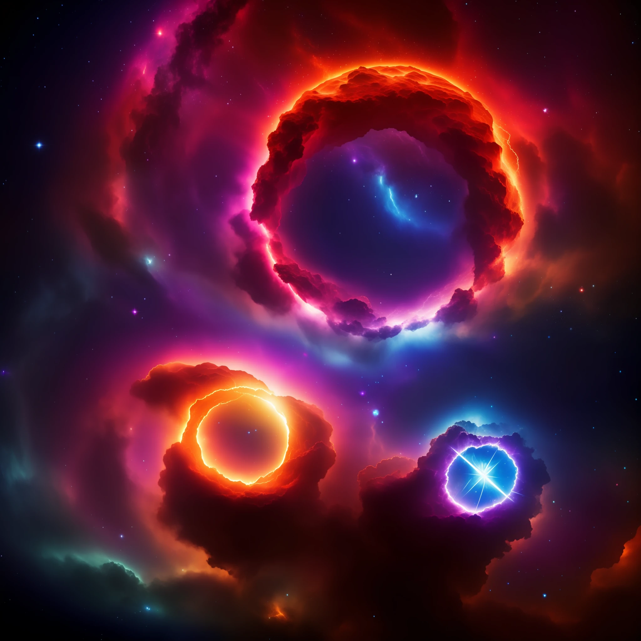 a single rocky ring with flames on part of the torus, rock torus in space, stars and galaxies, nebulae, high resolution, chiaroscuro, god rays, reflection light, backlighting, wide shot, atmospheric perspective, 8k, UHD, super detail, high quality, 8k