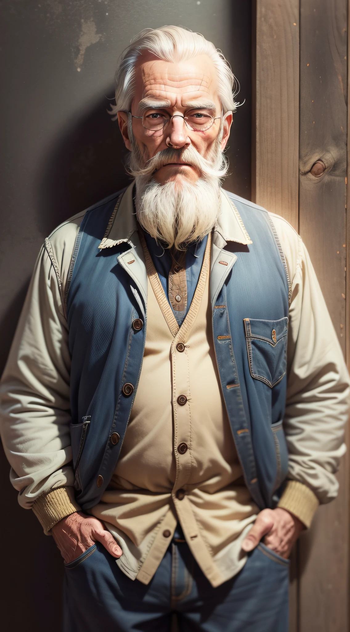 old man, 60 years old, old times style, with beard, tall, with his hand in his pocket, realistic, facing image, with old clothes, in the framing of the image, super realistic, showing the whole body, detailed, high quality shadows, full body