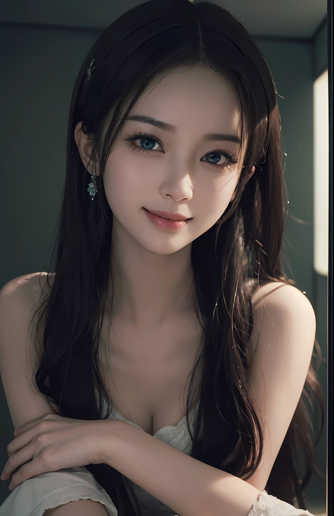 Masterpiece, 1 Beautiful Girl, Detailed Eyes, Swollen Eyes, Best Quality, Ultra High Resolution, (Reality: 1.4), Original Photo, 1Girl, Green Eyes, Cinematic Lighting, Smiling, Japanese, Asian Beauty, Korean, Clean, Super Beautiful,  Young Face, Beautiful Skin, Slender, Cyberpunk (ultra realistic), (illustration), (high resolution), (8K), (very detailed), (best illustration), (beautifully detailed eyes), (super detailed), (wallpaper), (detailed face), viewer looking, fine details, detailed face, in the dark, deep shadow, low key, pureerosfaceace_v1, smile, Long hair, Straight hair, 46 point diagonal bangs