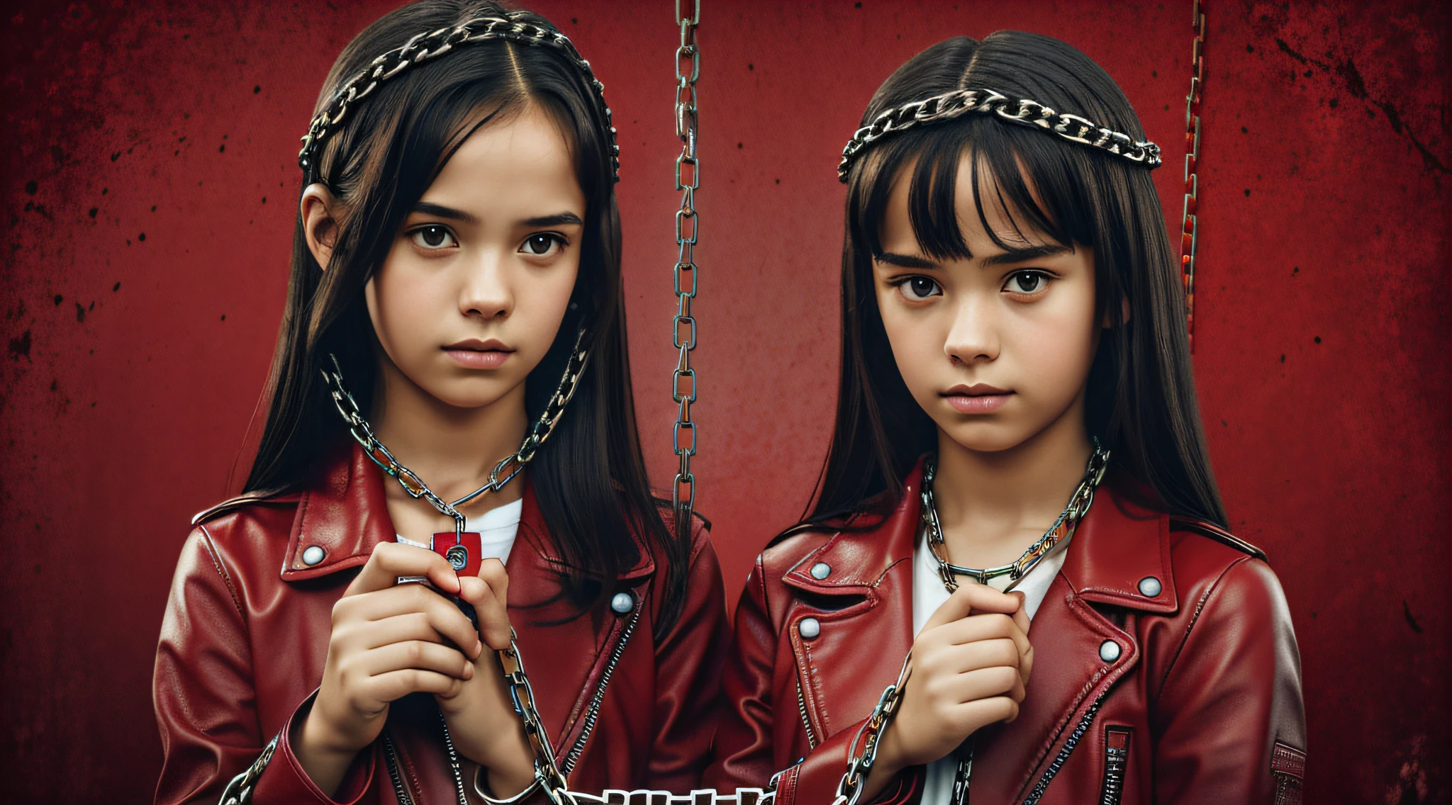 A half-body, portrait of 3 girls German children long dark hair of 12 years, red leather jackets, holding in their hands a cross, background of chains, chain, more chains, many chains, , red, red fire, many background flames.