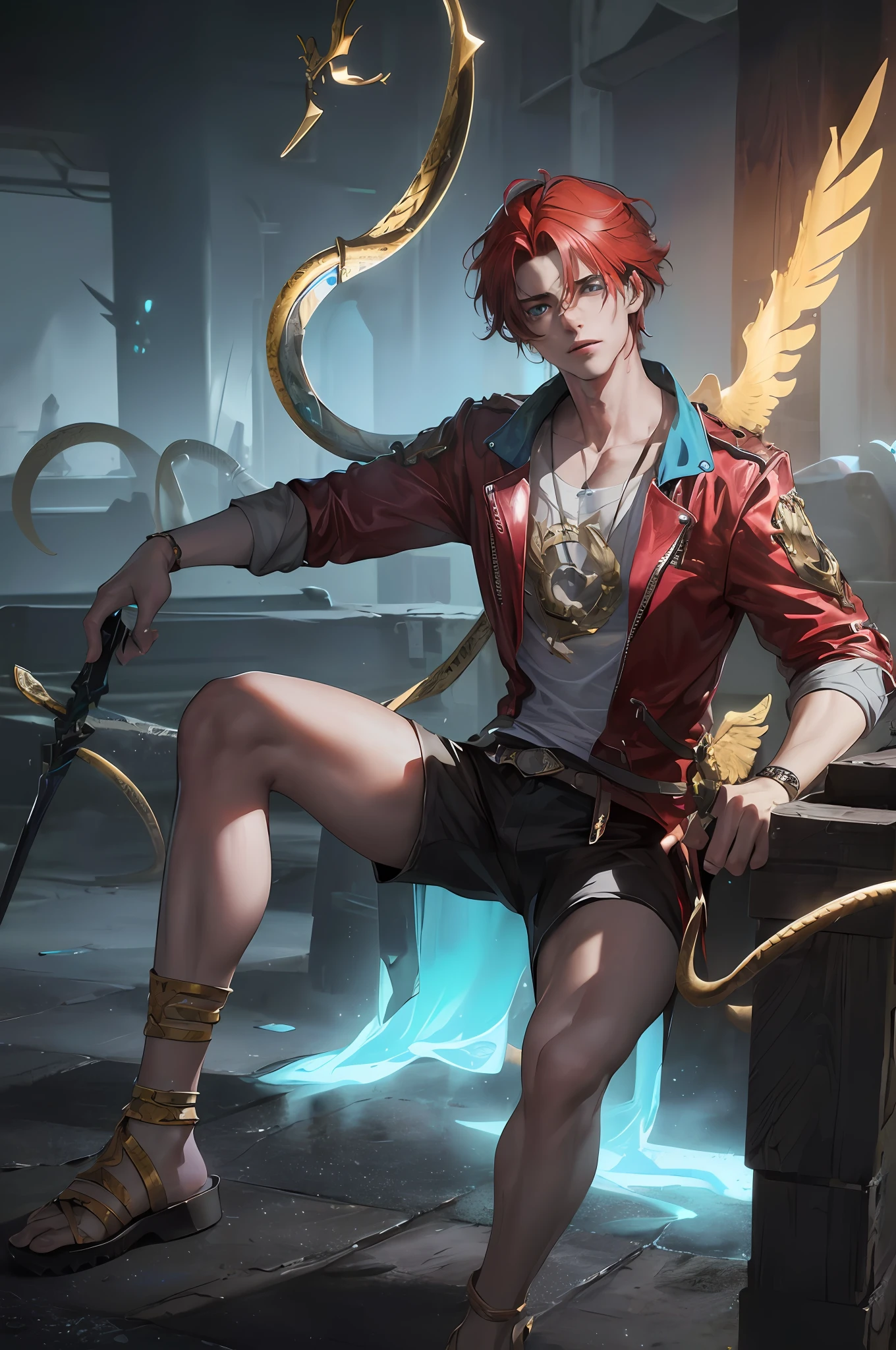 god Hermes, ((male)), cheerful man, short red hair, sharp features, pronounced cheekbones, large eyes, bright blue eyes, yellow T-shirt and shorts, ((laurel wreath on the head)), winged sandals, ((sandals with wings))), staff of Akklepios, decorated with two snakes in his hands, beautiful daytime sky, clouds, flight, height, flies across the sky, Hyperdetailed, ArtStation, CGsociety, 8K, Surrealist, Zbrush, Unreal Engine 5, Bright colors, Greg Rutkowski, Darksynth, Weta Digital, Focus, Octane Rendering, Super Sharp, Cinematic Light, High Quality, High Resolution, Style Smooth Color Manga Hayao, Photorealistic, High Detail, 8K, Trending Artstation, Octane Rendering, Cinematic Lighting, 3D Rendering, Vray Caustics, Volumetric Lighting, Dark Atmosphere, Moody Colors, Awe, Concept Art, Unreal Engine 5 Rendering, Cinematic Center Shot, Hyper Realistic, ultra-detailed;