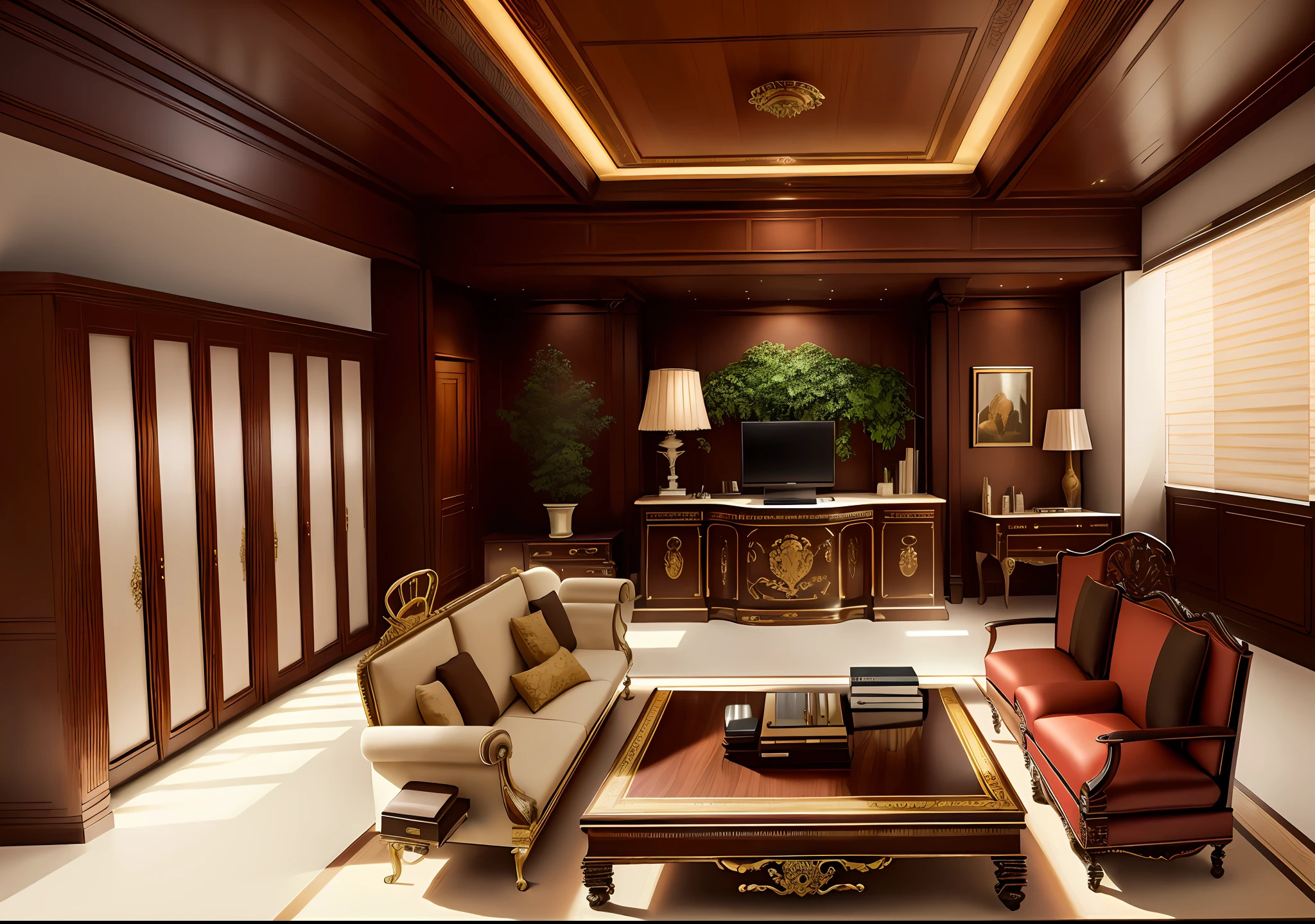 sofa, chair, coffee table, dresser, decorated polished wood, furniture with attention to detail, ornate retreat, interior living room, luxurious wooden coffee table, luxurious furniture, ornate furniture, wooden furniture, living room, wooden ceiling, wooden furniture, luxurious indoor environment, ornate wood, high-end interior, very luxurious, president's office, president's desk and chair at the very back, The back wall is a window, outside the window is a Tokyo building, simple
