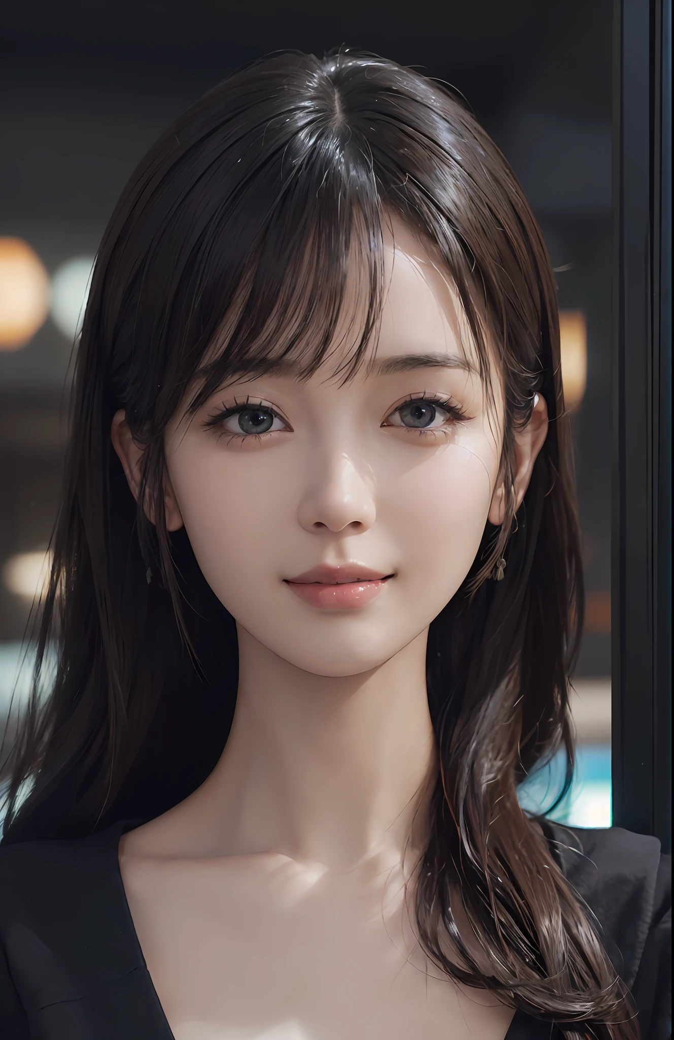 Masterpiece, 1 Beautiful Girl, Detailed, Swollen Eyes, Best Quality, Ultra High Resolution, (Reality: 1.4), Original Photo, 1Girl, Cinematic Lighting, Smiling, Japanese, Asian Beauty, Korean, Neat, Very Beautiful, Slightly Young Face, Beautiful Skin, Slender, Cyberpunk Background, (ultra realistic), (illustration), (high resolution), (8K), (very detailed), (best illustration), (beautifully detailed eyes), (super detailed), (wallpaper), (detailed face), viewer looking, fine details, detailed face, deep shadow, low key, pureerosfaceace_v1, smile, 46 point slanted bangs, facing straight ahead, neat clothes, black colored eyes,