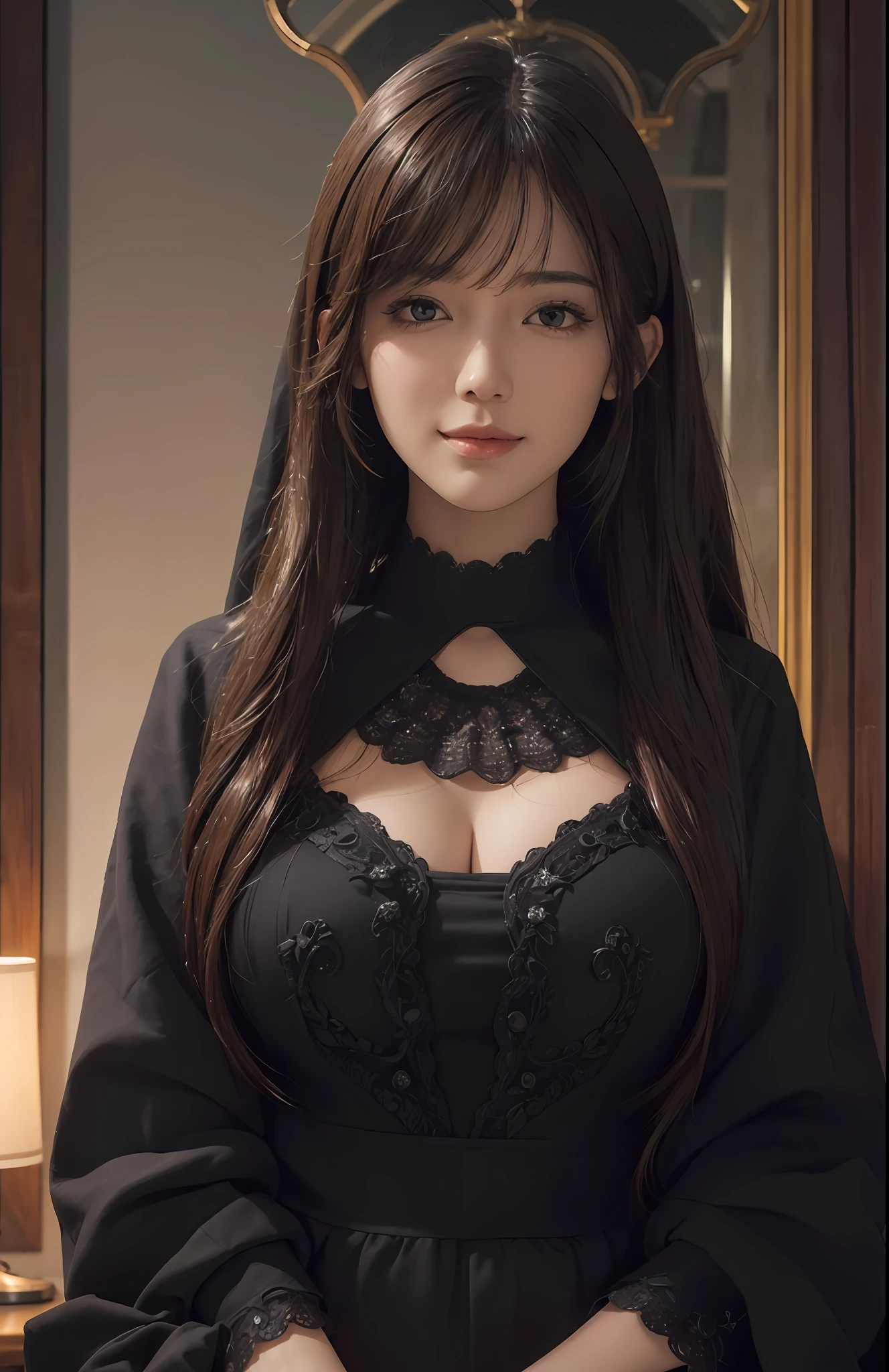 (Ultra Realistic), (Illustration), (Increased Resolution), (8K), (Extremely Detailed), (Best Illustration), (Beautiful and Detailed Eyes), (Best Quality), (Ultra Detailed), (Masterpiece ), ( wallpaper), (detailed face), solo, 1 girl, looking at viewer, fine details, detailed face, in the dark, deep shadows, low key, pureerosfaceace_v1, smiling, long hair, black shawl straight hair , 46 points oblique bangs