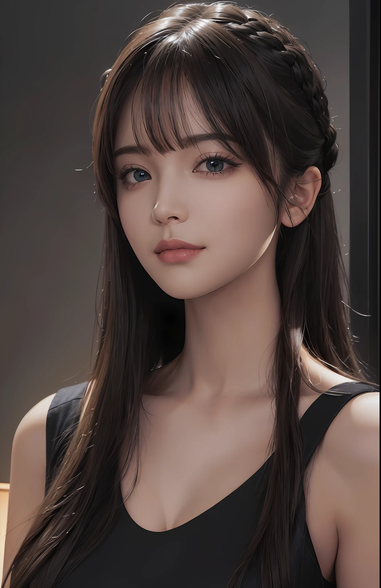 (Ultra Realistic), (Illustration), (Increased Resolution), (8K), (Extremely Detailed), (Best Illustration), (Beautiful and Detailed Eyes), (Best Quality), (Ultra Detailed), (Masterpiece ), ( wallpaper), (detailed face), solo, 1 girl, looking at viewer, fine details, detailed face, in the dark, deep shadows, low key, pureerosfaceace_v1, smiling, long hair, black shawl straight hair , 46 points oblique bangs