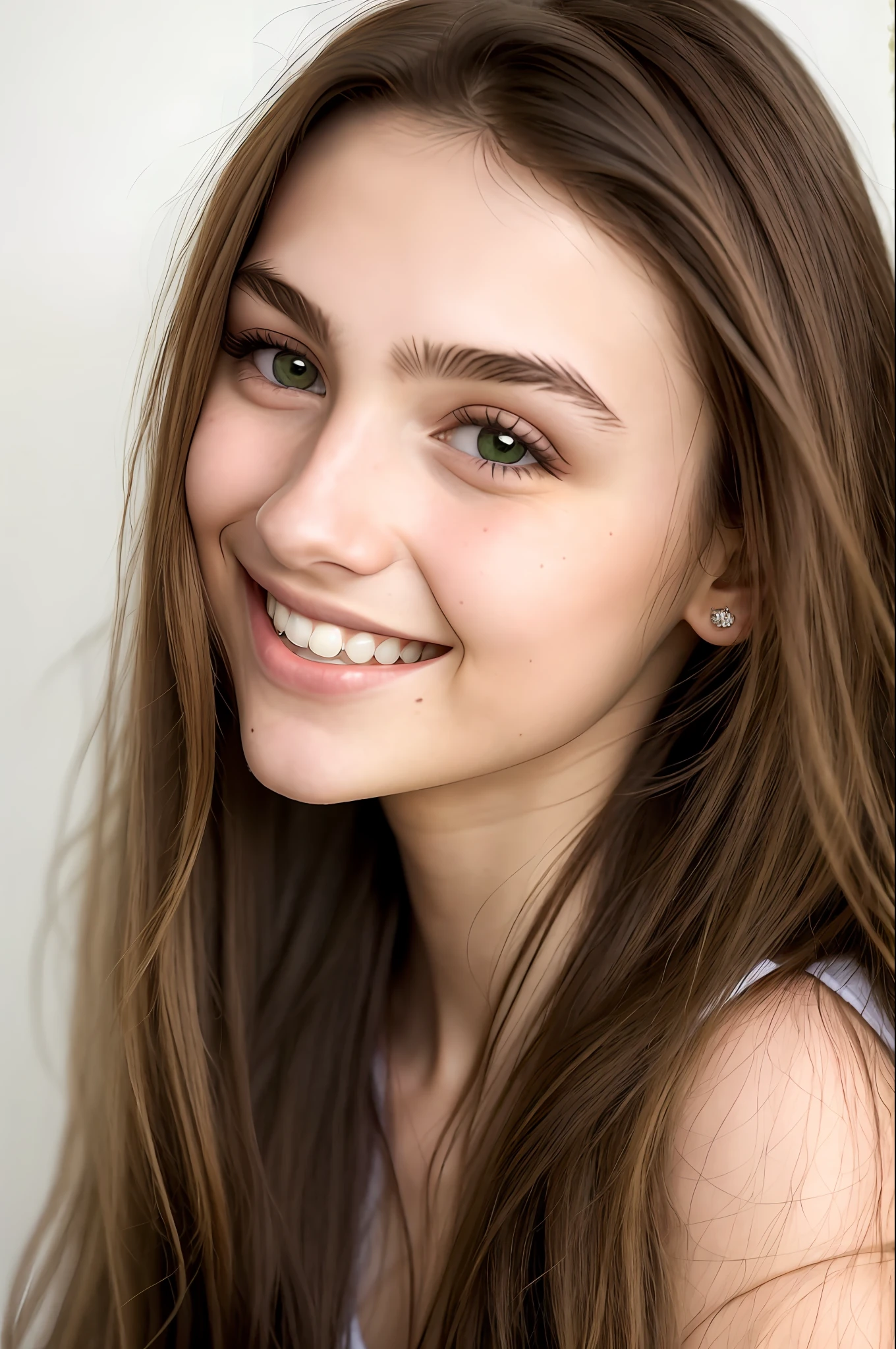 (close-up editorial photo of 18 yo woman, lonely, long hair, thin Brazilian girlfriend), (small breasts), (full body), (split lips), a beautiful and pleasant smile, realistic green eyes, POV, realistic[:, (film grain, 25mm, f/1.2, dof, bokeh, beautiful symmetrical face, perfect bright eyes, well-defined pupils, high contrast eyes, ultra detailed skin, skin pores,  vellus hair, fabric stitching, fabric texture, stone texture, finely detailed features:1):0.9]