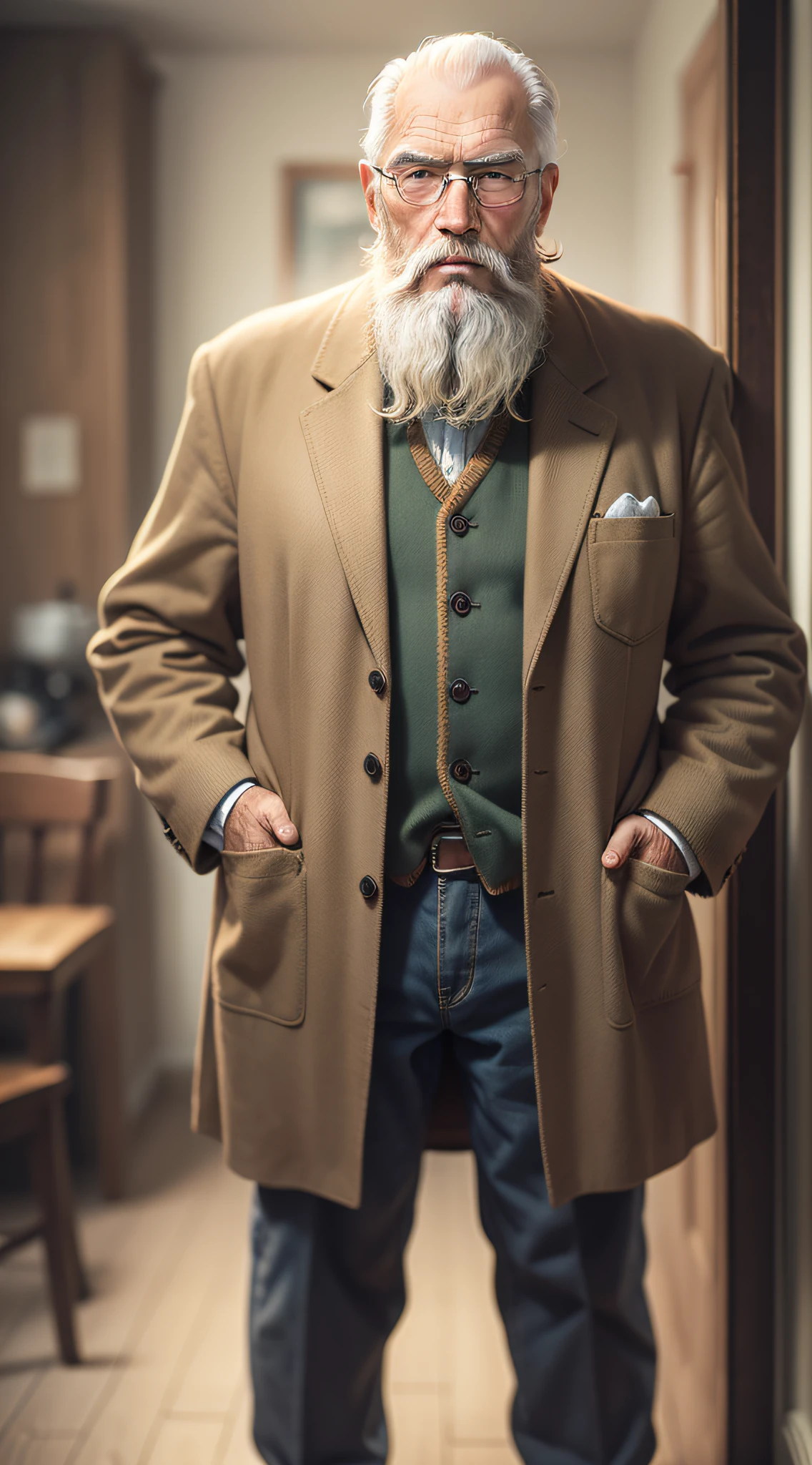 old man, 60 years old, old times style, with beard, tall, with his hand in his pocket, realistic, facing image, with old clothes, in image framing, super realistic, showing full body, detailed, depth of field, high quality shadows, full body, an old portrait photo