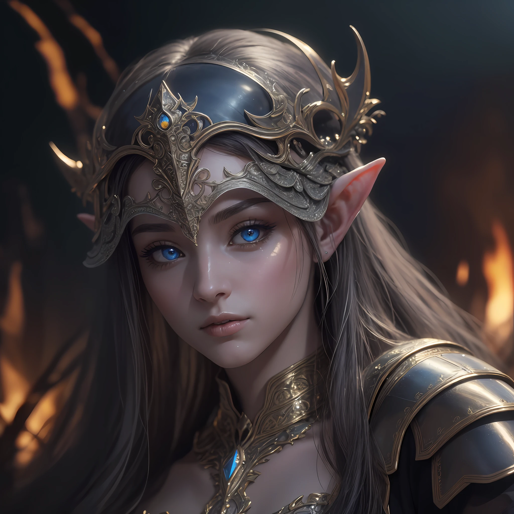 (Masterpiece, epic quality, 8K resolution, epic realism, epic detail), 1female, ((full-plated elven armor)) detailed face, (dark night, fire:1.2), (beautiful detailed eyes), delicate and beautiful hair, beautiful, amazing, upper body portrait:1.2, {{ultra-detailed}}, (first_person_view), solo_focus, (intricate details:1.3), dinamic pose, dinamic angle, depth of field, (natural skin texture), soft sharp, (ray tracing, photorealism, hyperrealism, hdr:1.2)