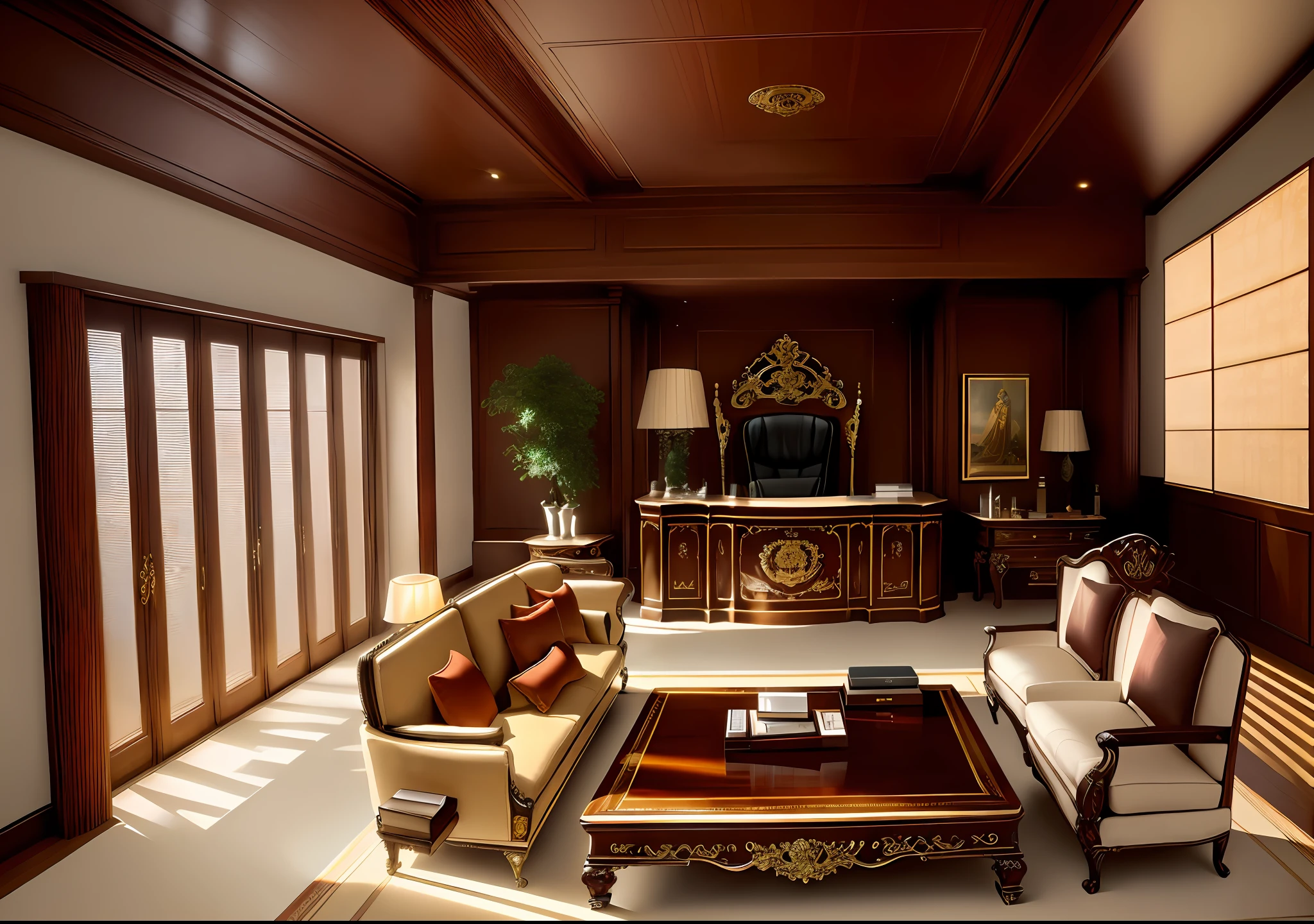 sofa, chair, coffee table, dresser, decorated polished wood, furniture with attention to detail, ornate retreat, interior living room, luxurious wooden coffee table, luxurious furniture, ornate furniture, wooden furniture, living room, wooden ceiling, wooden furniture, luxurious indoor environment, ornate wood, high-end interior, very luxurious, president's office, president's desk and chair at the very back, The back wall is a window, outside the window is a Tokyo building, simple