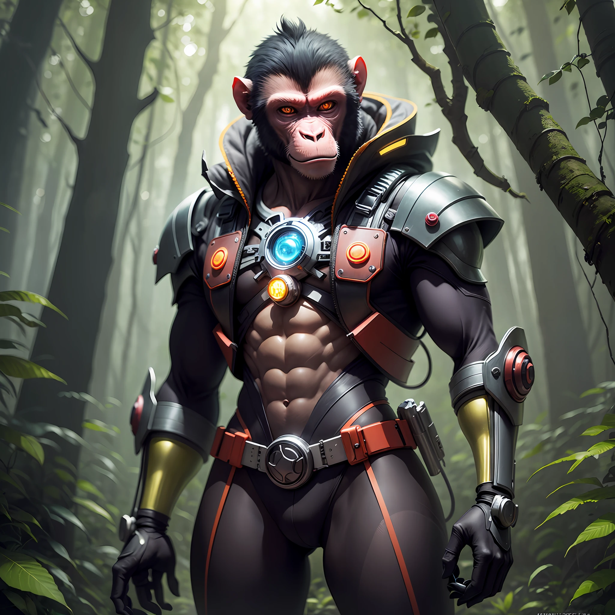 Futuristic monkey with mechanical spleen in the forest, good lighting and sharp contrast vivid colors --auto --s2