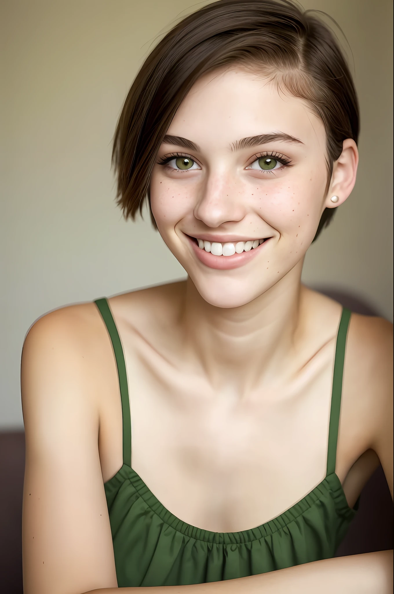 (close-up editorial photo of 18 yo woman, lonely, short hair, thin Brazilian girlfriend), (freckles:0.8), (split lips), a beautiful and pleasant smile, realistic green eyes, POV, realistic[:, (film grain, 25mm, f/1.2, dof, bokeh, beautiful symmetrical face, perfect bright eyes, well-defined pupils, high contrast eyes, ultra detailed skin, skin pores, vellus hair,  fabric stitching, fabric texture, stone texture, finely detailed features:1):0.9]