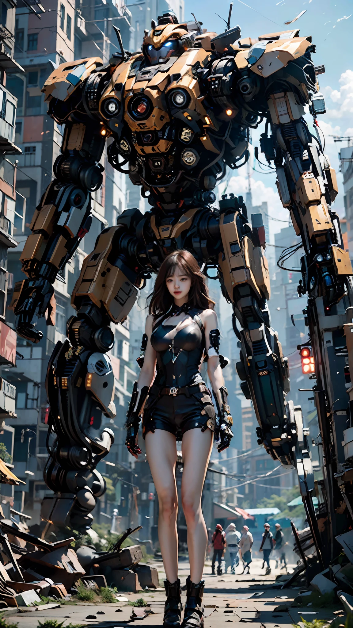 ((masterpiece, best quality)),illustration,ultra detailed 8k,photorealistic,sharp focus,highly detailed,professional lighting,colorful details,iridescent colors BREAK extreme long shot of a factory,large mechanical robot construction,microchip,computer,glowing,intricate details,shitu-mecha,1 cyberpunk girl standing
