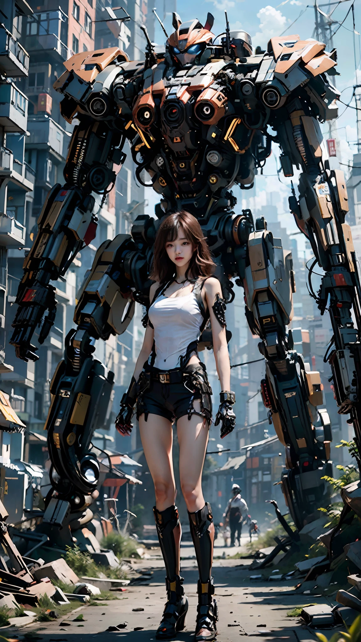 ((masterpiece, best quality)),illustration,ultra detailed 8k,photorealistic,sharp focus,highly detailed,professional lighting,colorful details,iridescent colors BREAK extreme long shot of a factory,large mechanical robot construction,microchip,computer,glowing,intricate details,shitu-mecha,1 cyberpunk girl standing