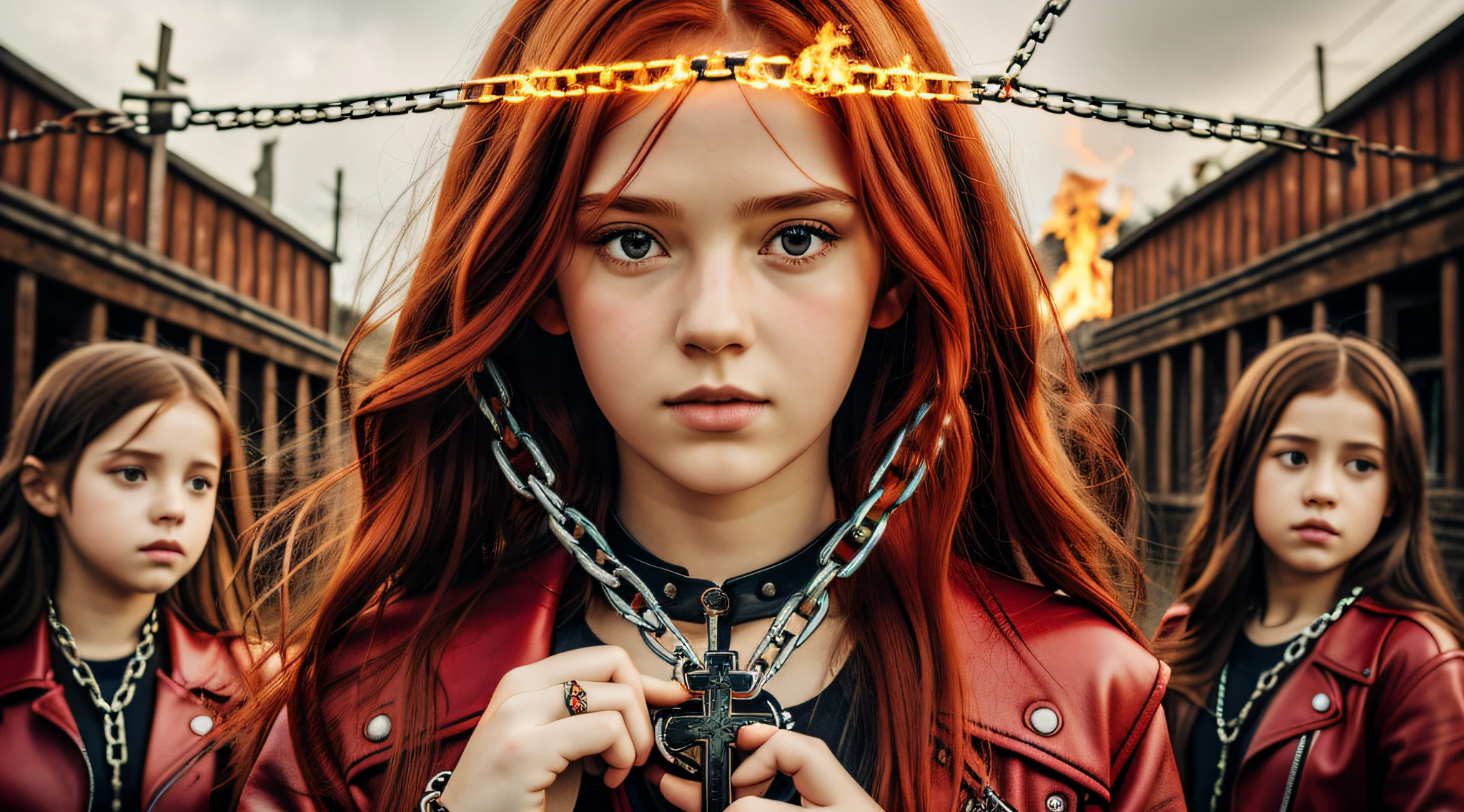 A half body, portrait of 3 girls German children long red hair of 12 years, red leather jackets, holding in their hands a cross, background of chains, chain, more chains, many chains, , red, red fire, many background flames.