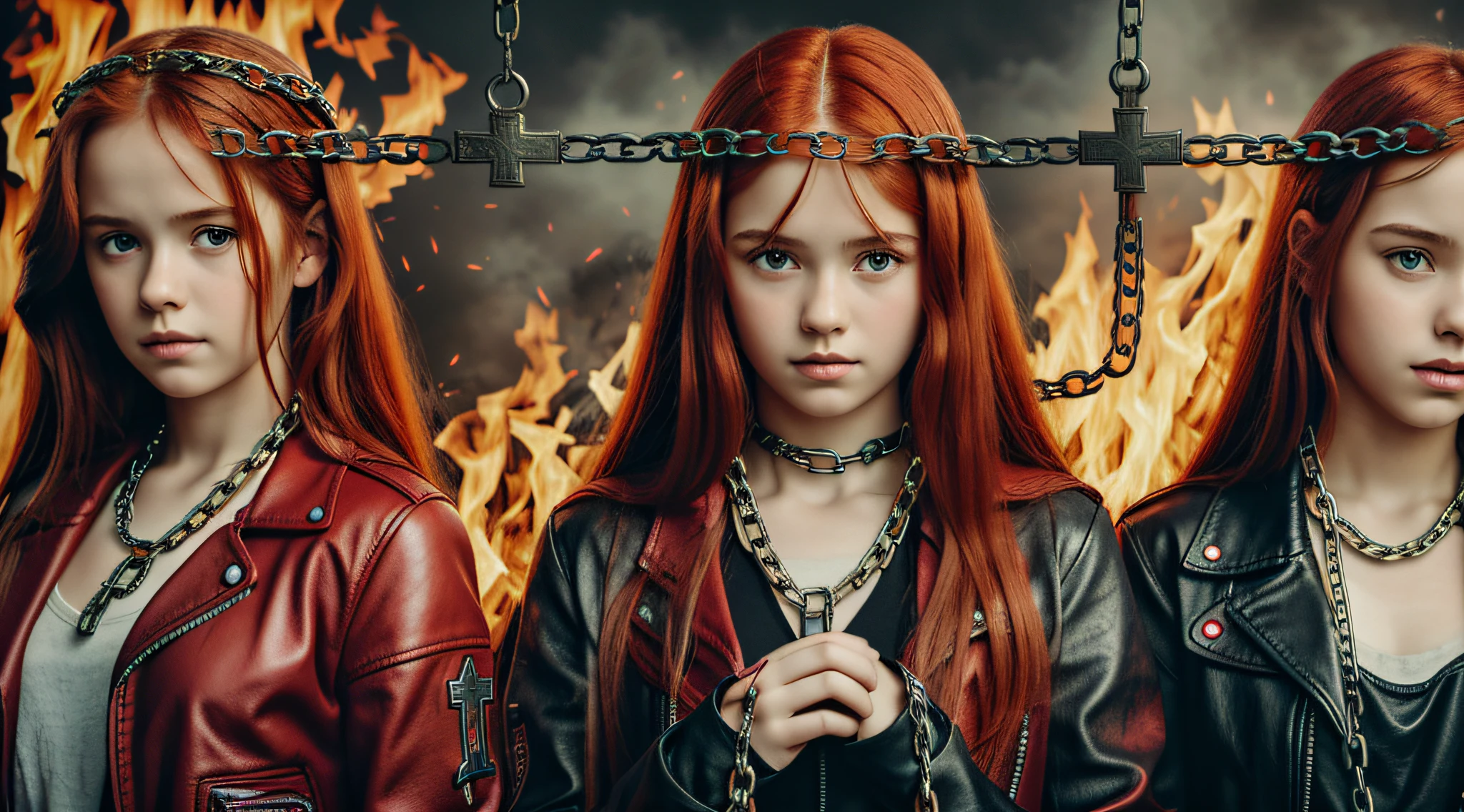 A half body, portrait of 3 girls German children long red hair of 12 years, red leather jackets, holding in their hands a cross, background of chains, chain, more chains, many chains, , red, red fire, many background flames.