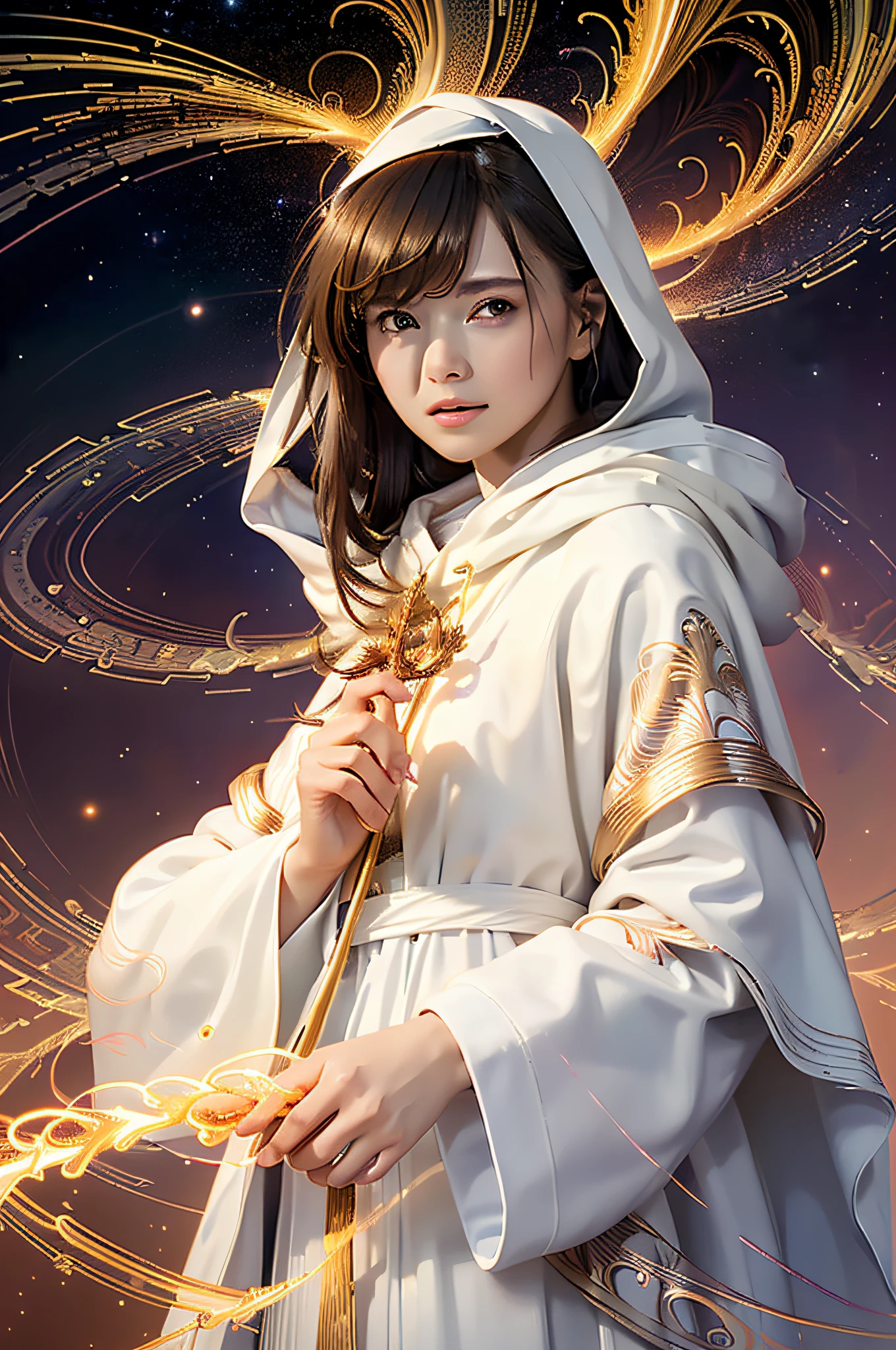 (masterpiece, top quality, best quality, official art, beautiful and aesthetic:1.2), (1girl), extreme detailed eyes, (fractal art:1.3), colorful, highest detailed, (perfect face), shiny skin, HDR, (white cloak golden lines:1.2), galaxy, (light streaks), striking visuals, (dynamic streaks, luminous trails:1.2), vibrant colors, (phoenix), (dragon)