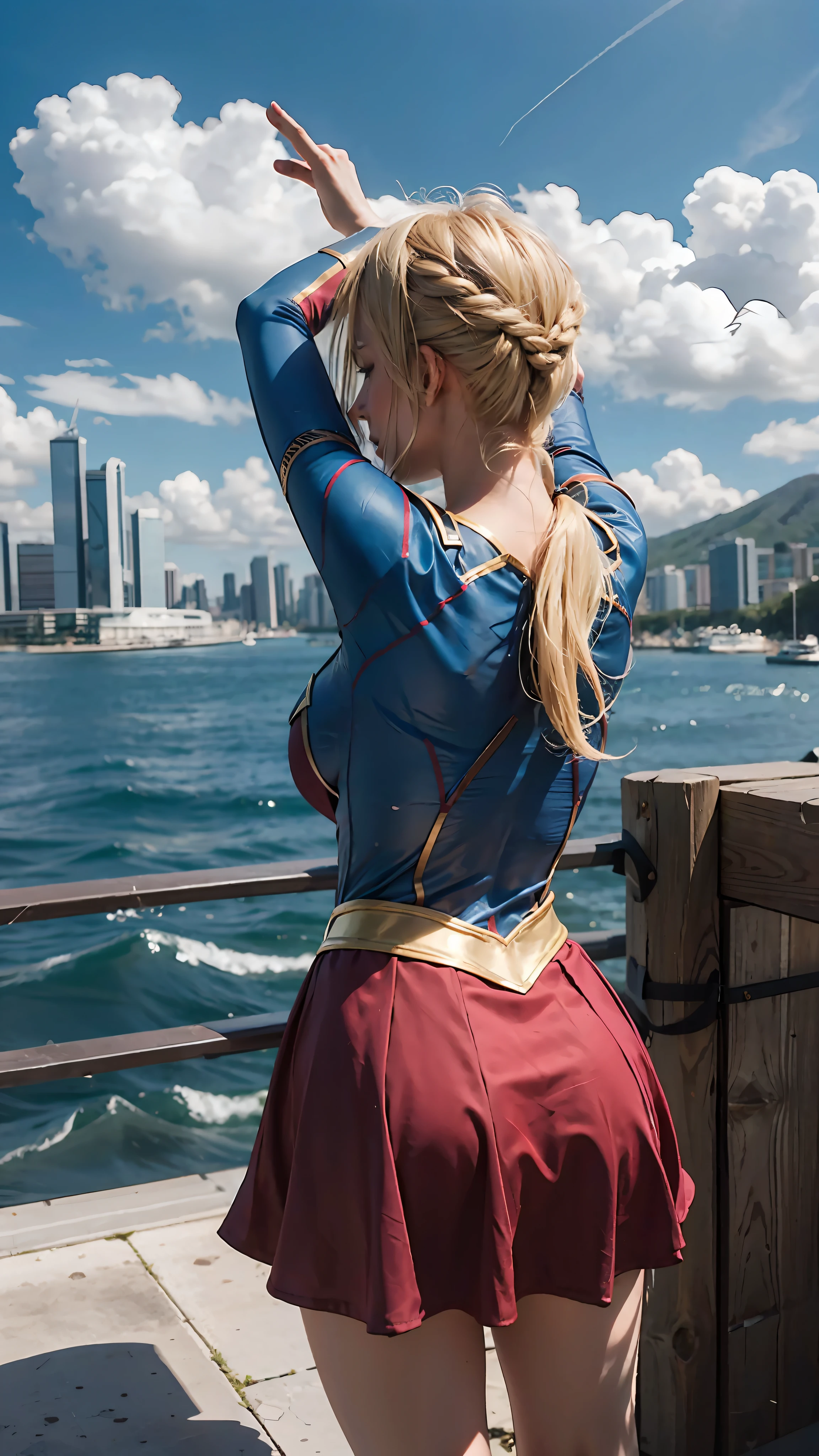 One woman, Supergirl costume dress, medium breasts, blonde, from behind, arms up, sea, lots of buildings