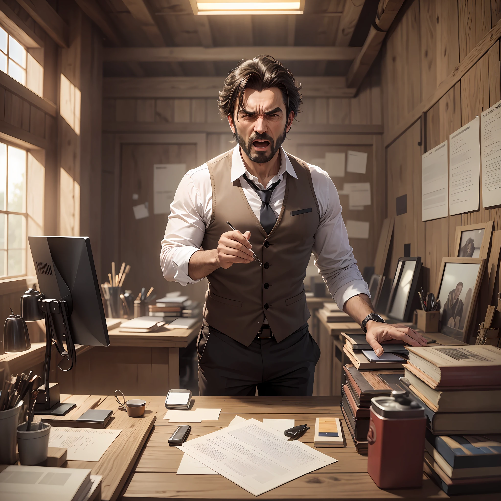 A man in work clothes, standing in a luxurious rustic office, shouting loudly indignantly, dynamic image, impact, --auto --s2
