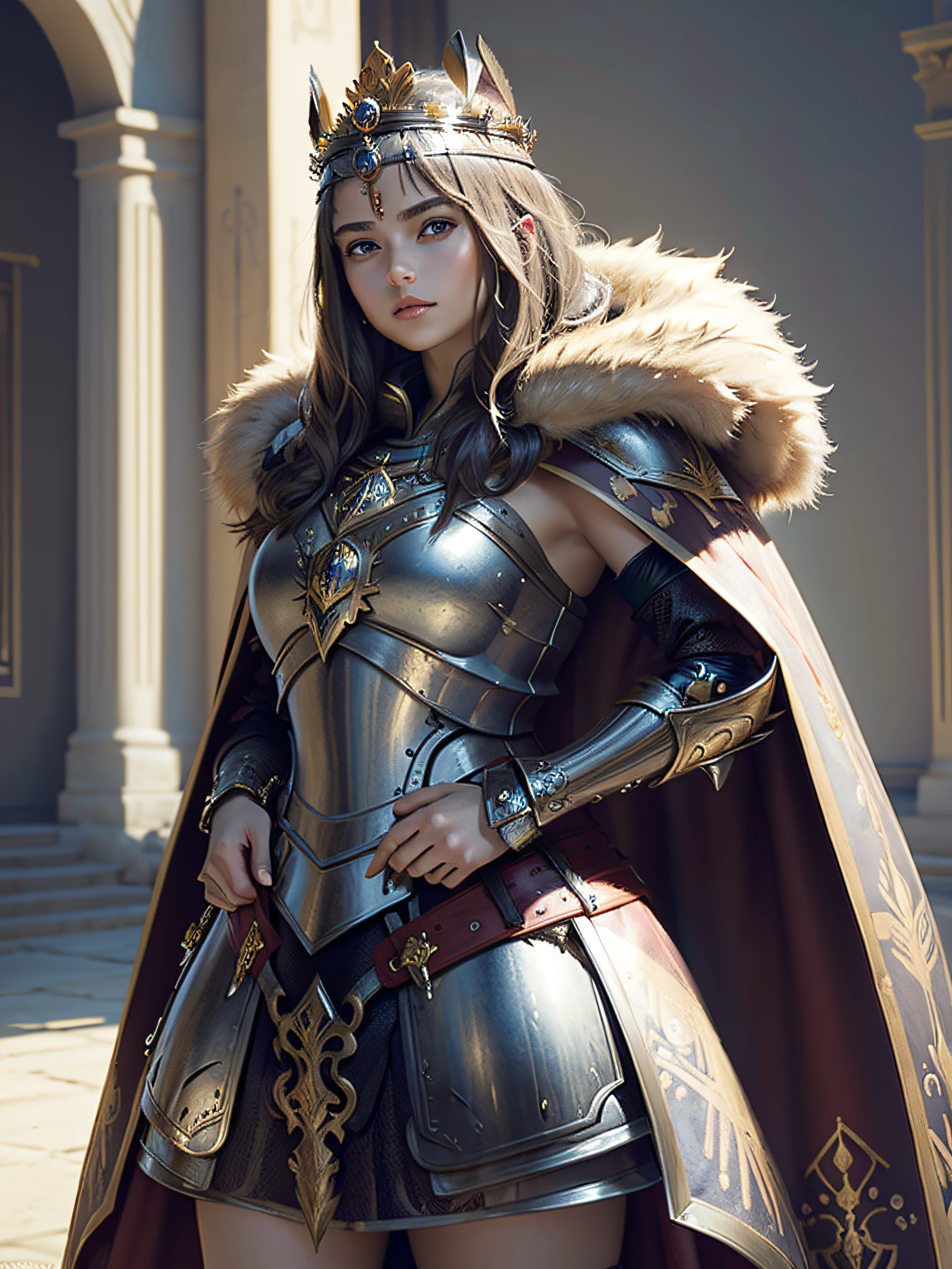 (masterpiece, top quality, best quality, official art, beautiful and aesthetic:1.2), (1girl), (warrior queen armor, fur-lined cape, jeweled crown:1.2),serious