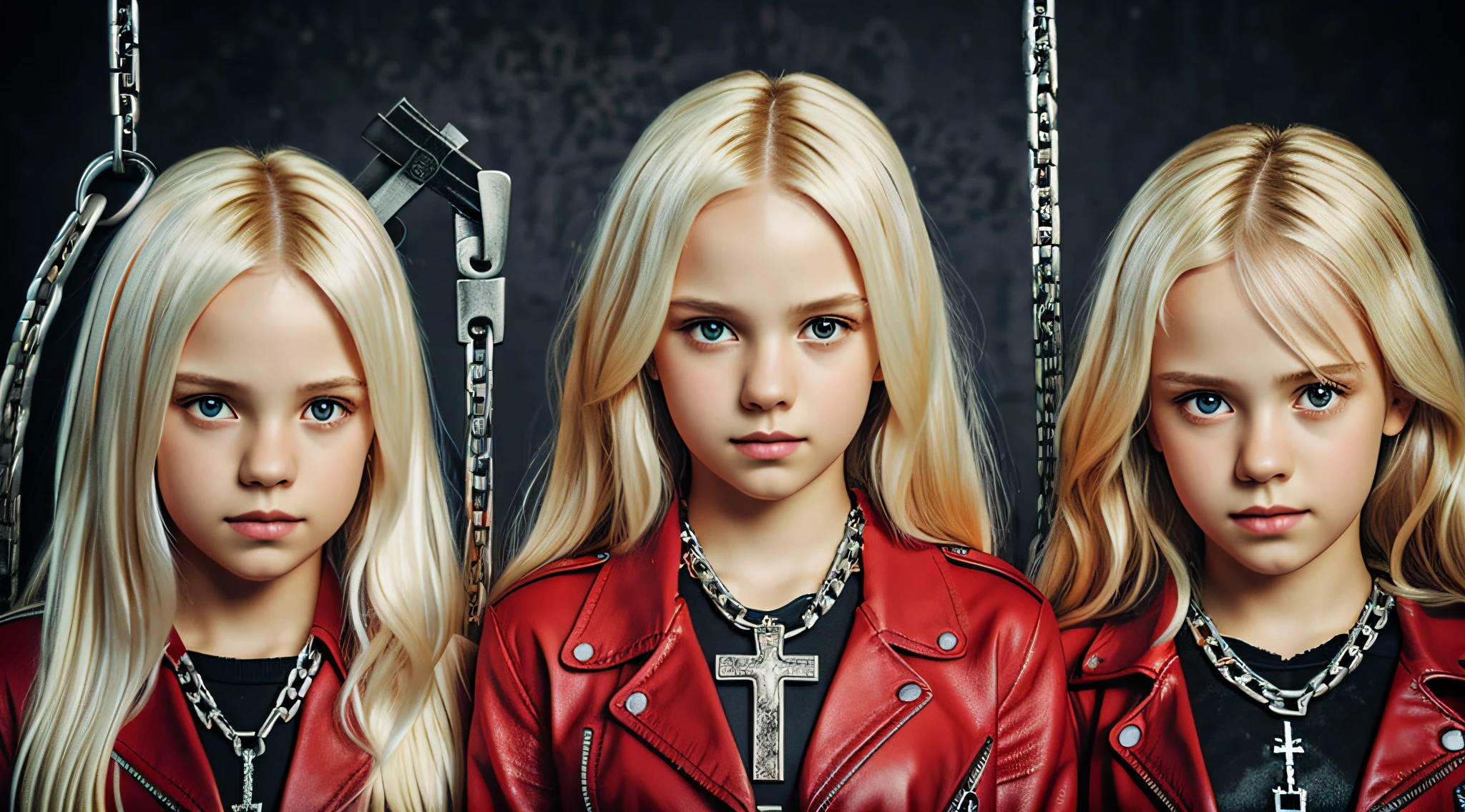 A half body, portrait of 3 girls German children long platinum blonde hair of , red leather jackets, holding in their hands a cross, background of chains, chain, more chains, many chains, , red, red fire, many background flames.