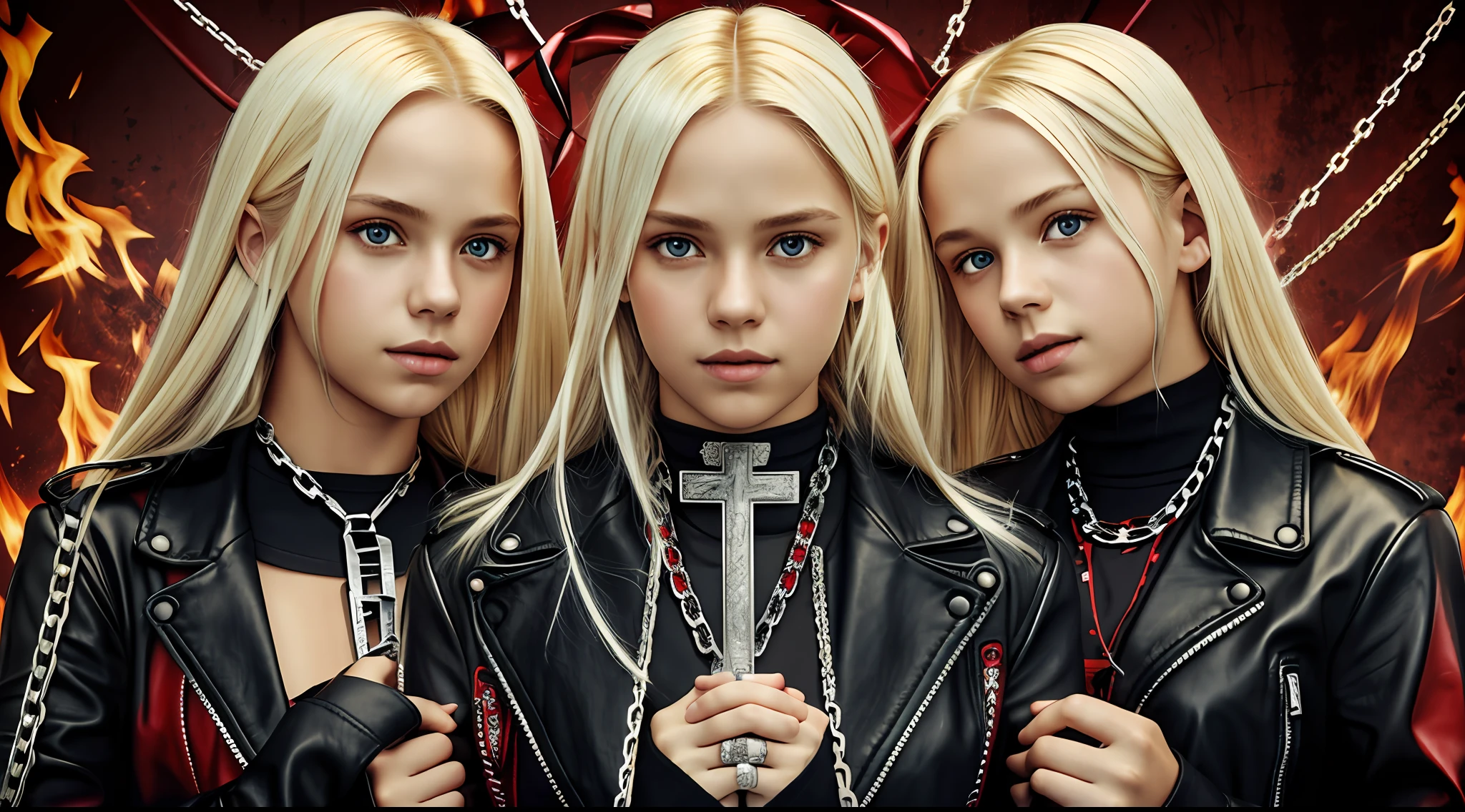 A half body, portrait of 3 girls German children long platinum blonde hair of 12 years, red leather jackets, holding in their hands a cross, background of chains, chain, more chains, many chains, , red, red fire, many background flames.
