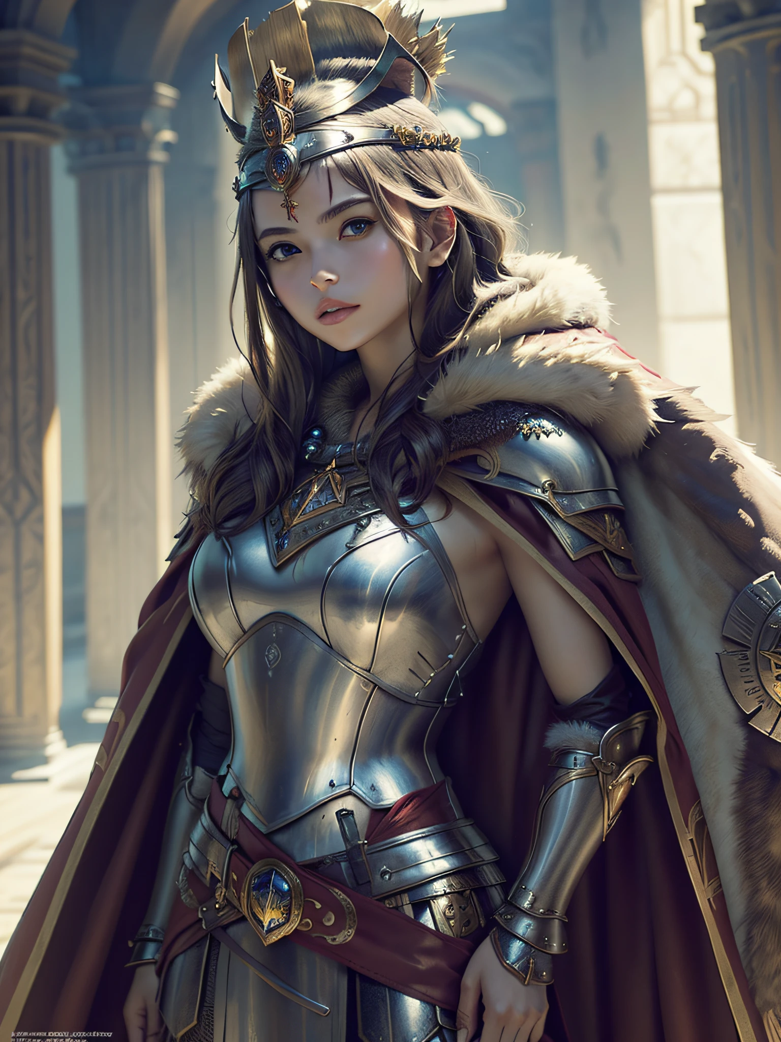 (masterpiece, top quality, best quality, official art, beautiful and aesthetic:1.2), (1girl), (warrior queen armor, fur-lined cape, jeweled crown:1.2),serious