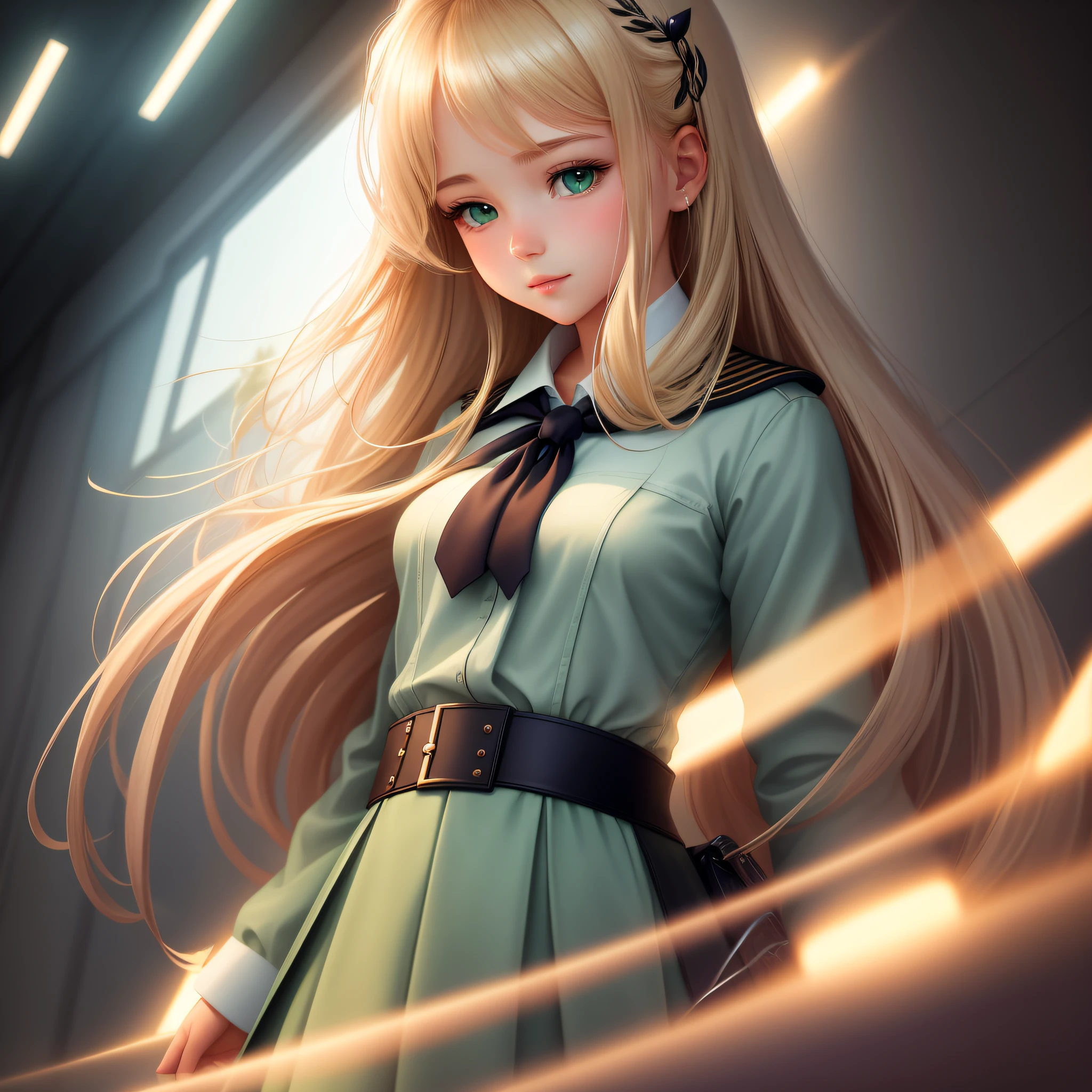 Imagine a stunning illustration inspired by the art style of Wlop and Oh! Great. In it, a pretty girl with long blonde hair, simple, green eyes, is depicted wearing a charming school uniform. His soft and serene expression conveys an aura of delicacy. It is in a typical Wlop art scene, with futuristic and fantastic elements blended harmoniously. The lighting is carefully crafted to highlight the girl's beauty, creating a play of shadows and highlights that accentuate her facial features and the softness of her hair. The overall atmosphere of the image is mysterious and enchanting, enveloping the character in a captivating environment and filled with vibrant colors.