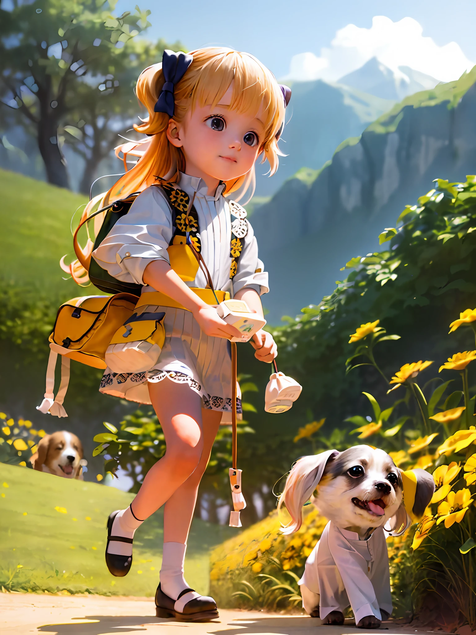 Prompt: An incredibly charming little girl carrying a backpack, accompanied by her adorable puppy, enjoying a lovely spring outing surrounded by beautiful yellow flowers and natural scenery. The illustration is in high definition at 4k resolution, with highly-detailed facial features and cartoon-style visuals.