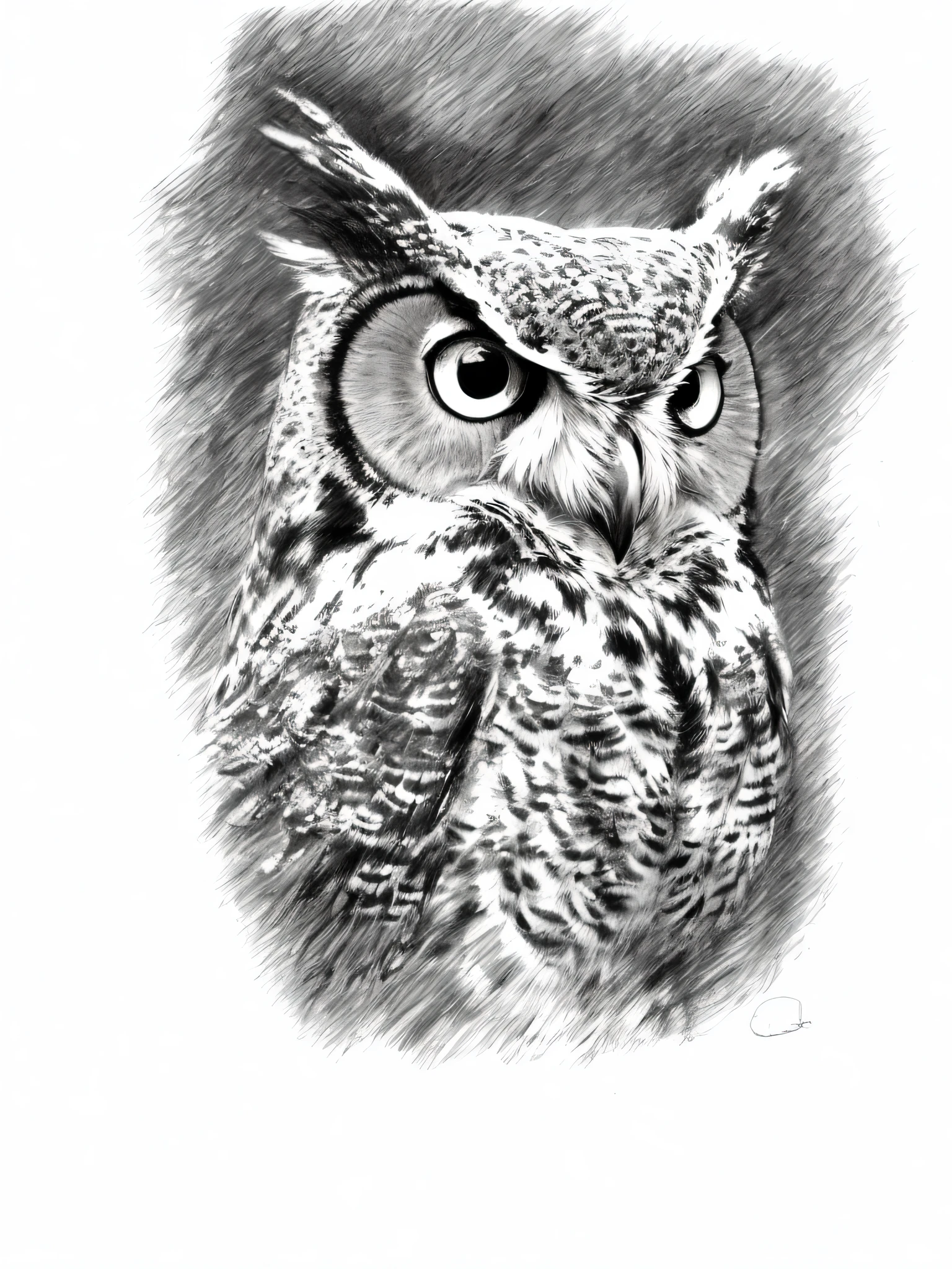 drawing of an owl with a very large eye and a long ear, owl, an owl, digital pencil painting, drawn with photoshop, realistic sketch, monochrome drawing, wildlife drawing, digital art animal photo, high quality sketch art, pencil draw, pen and ink monochrome, digital art highly-detailed, by Lionel Lindsay, highly detailded', ink and screentone