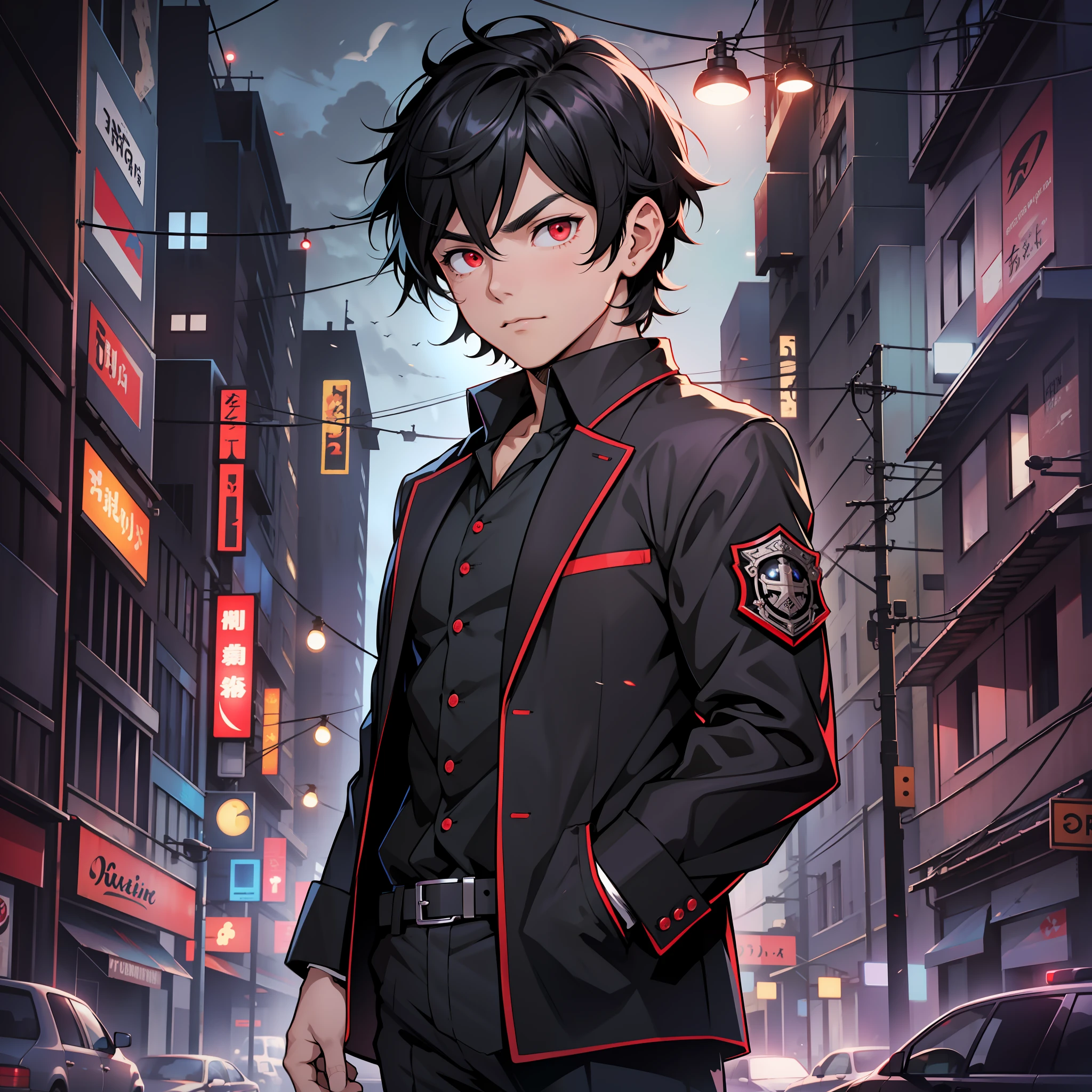 detective boy, looking for viewer, detective outfit, red eyes, black hair, upper body, dark city background, night, best quality, 8k --auto --s2