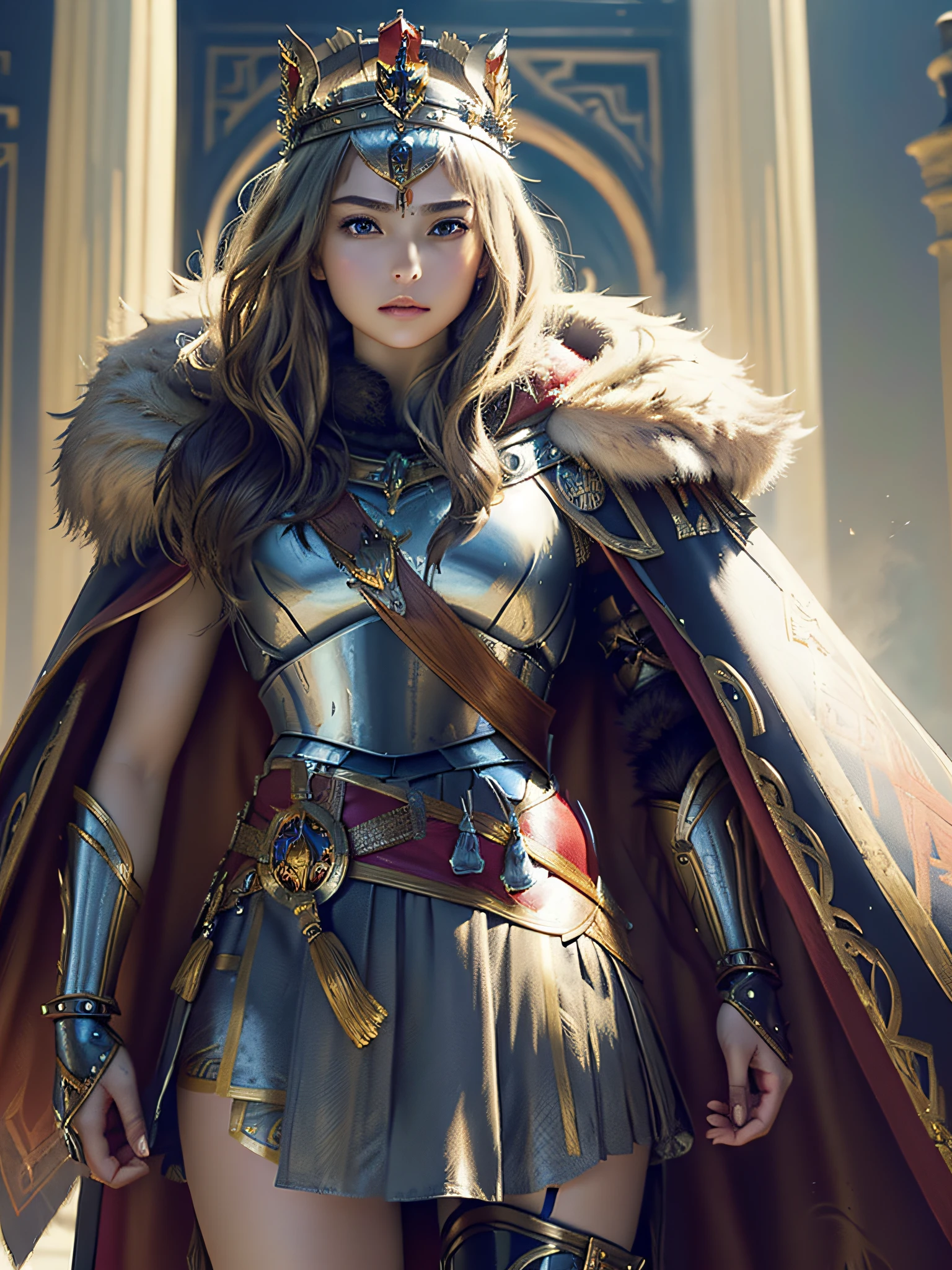 (masterpiece, top quality, best quality, official art, beautiful and aesthetic:1.2), (1girl), (warrior queen armor, fur-lined cape, jeweled crown:1.2),serious