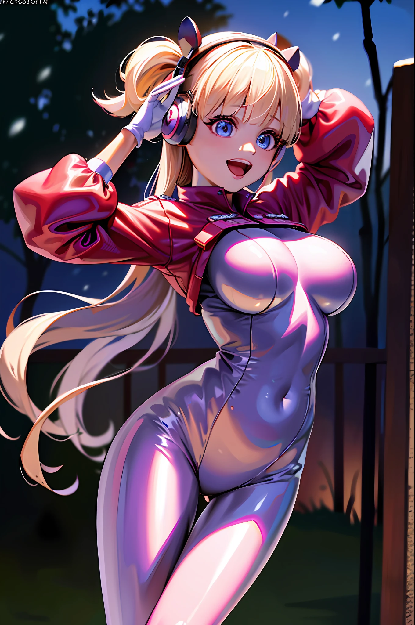 (RAW photo, best quality, masterpiece:1.2), (realistic, photo-realistic:1.4),(masterpiece:1.4),(best quality:1.4),1girl, solo, :d, animal ear headphones, animal ears, arms up, bangs, blush, bodysuit, loli, eleven years old, bunny pose, clothes writing, covered navel, cowboy shot, cropped jacket, fake animal ears, gloves, outdoor,morning,snow, hair intakes, headphones, impossible bodysuit, impossible clothes, jacket, large breasts, latex, latex bodysuit, long hair, long sleeves, looking at viewer, large breasts, multicolored gloves, open mouth, pink bodysuit, pink eyes, red eyes, red jacket, shiny clothes, shrug \(clothing\), sidelocks, skin tight, smile, thigh gap, thighs, twintails, very long hair, white gloves, white hair,alice \(nikke\),(shiny skin),realistic,