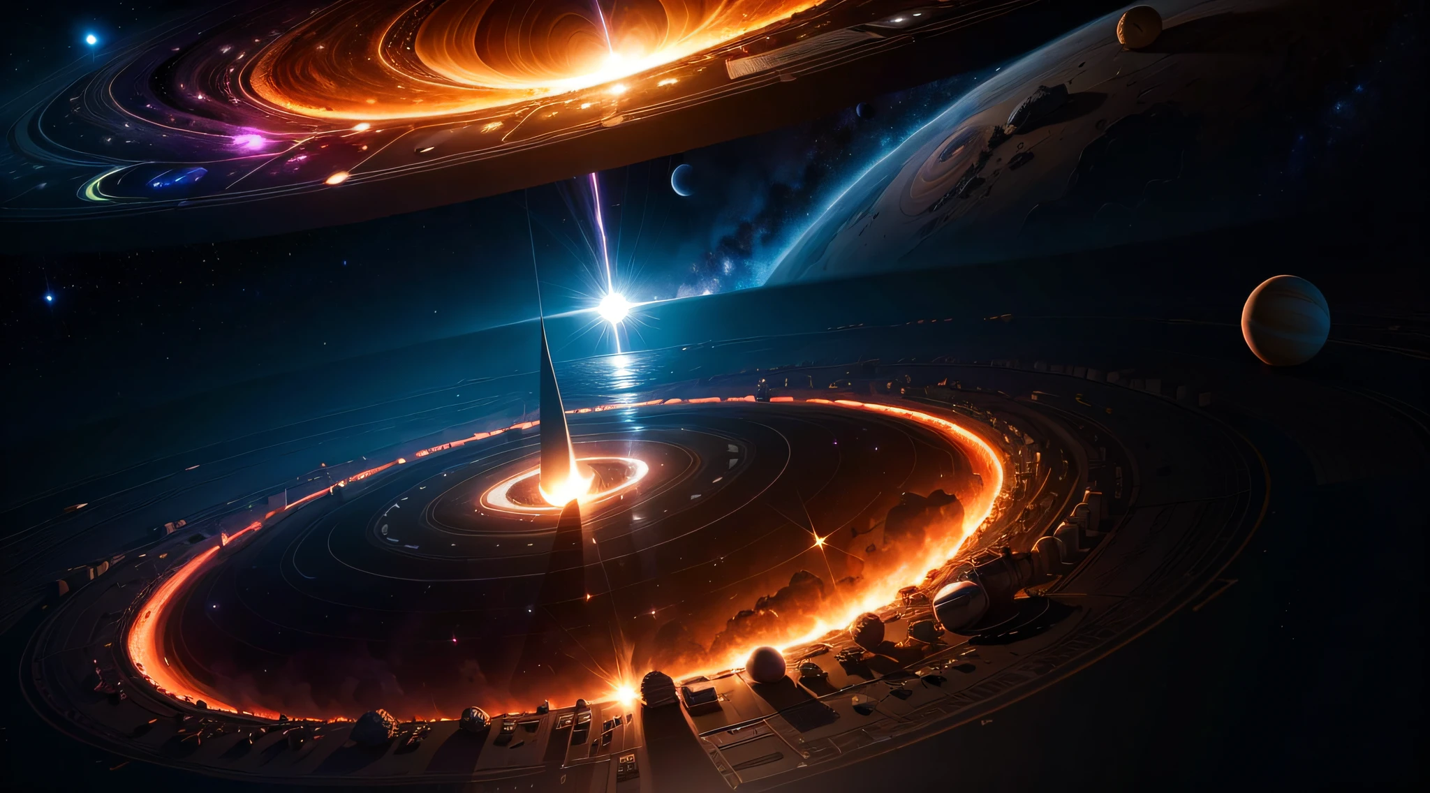 (((Masterpiece))), best quality, ultra-detailed CG unity 8k wallpaper the solar system through a black hole