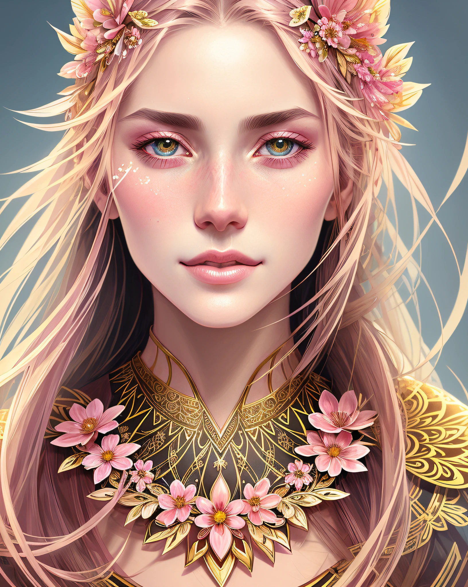 GLEN ORBIK (symmetry:1.1) (portrait of floral:1.05) a woman as a beautiful goddess, (assassins creed style:0.8), pink and gold and opal color scheme, beautiful intricate filegrid facepaint, intricate, elegant, highly detailed, digital painting, artstation, concept art, smooth, sharp focus, illustration, art by greg rutkowski and alphonse mucha, 8k