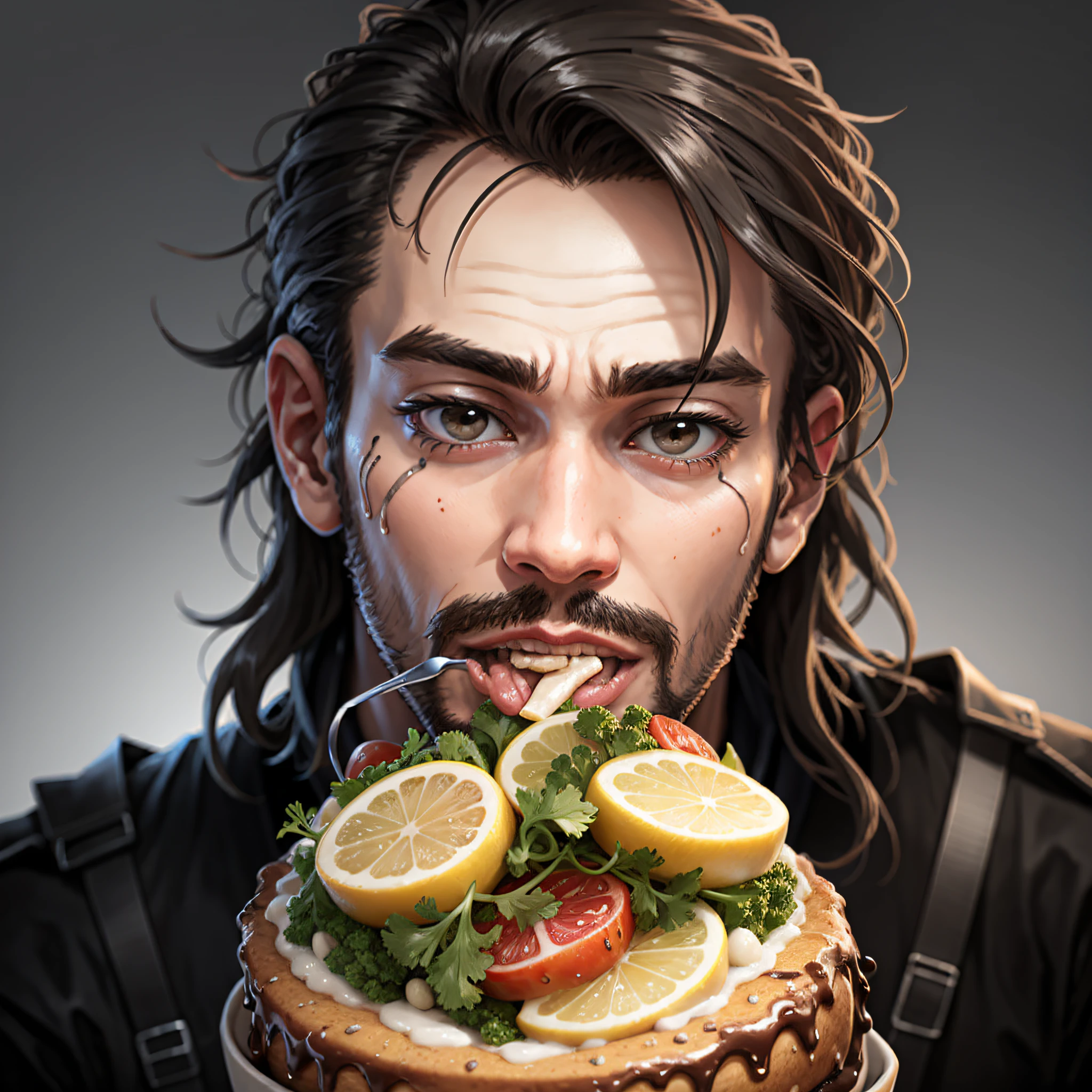 Realistic man in close-up eating lots of food, black image background --auto --s2