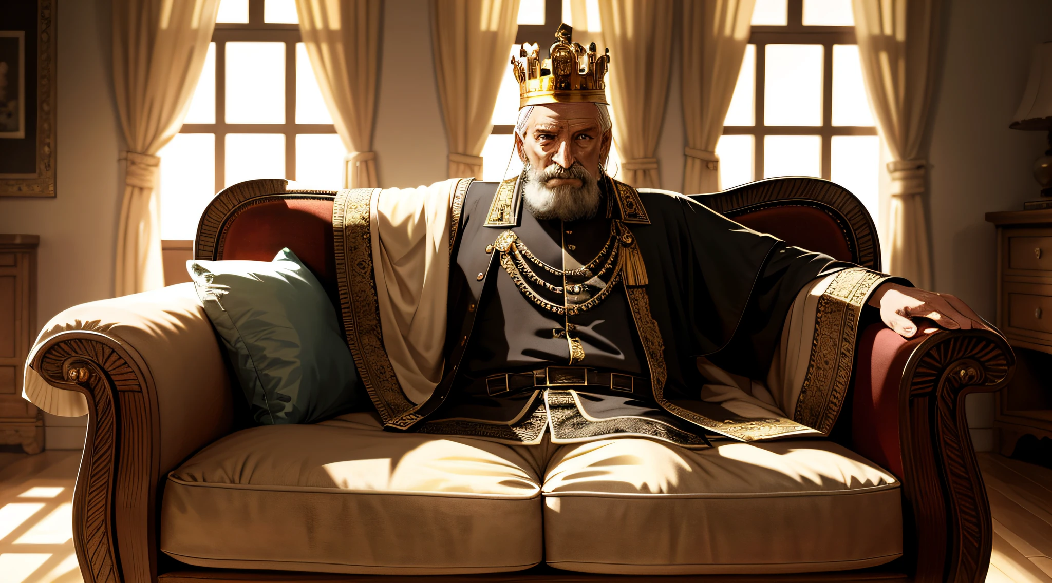 A king with crown on his head old worn, old house, sitting in comfortable armchair, streak of sunlight hitting his face, casual pose, aesthetic, intricate, caustic, rays of light, sunlight