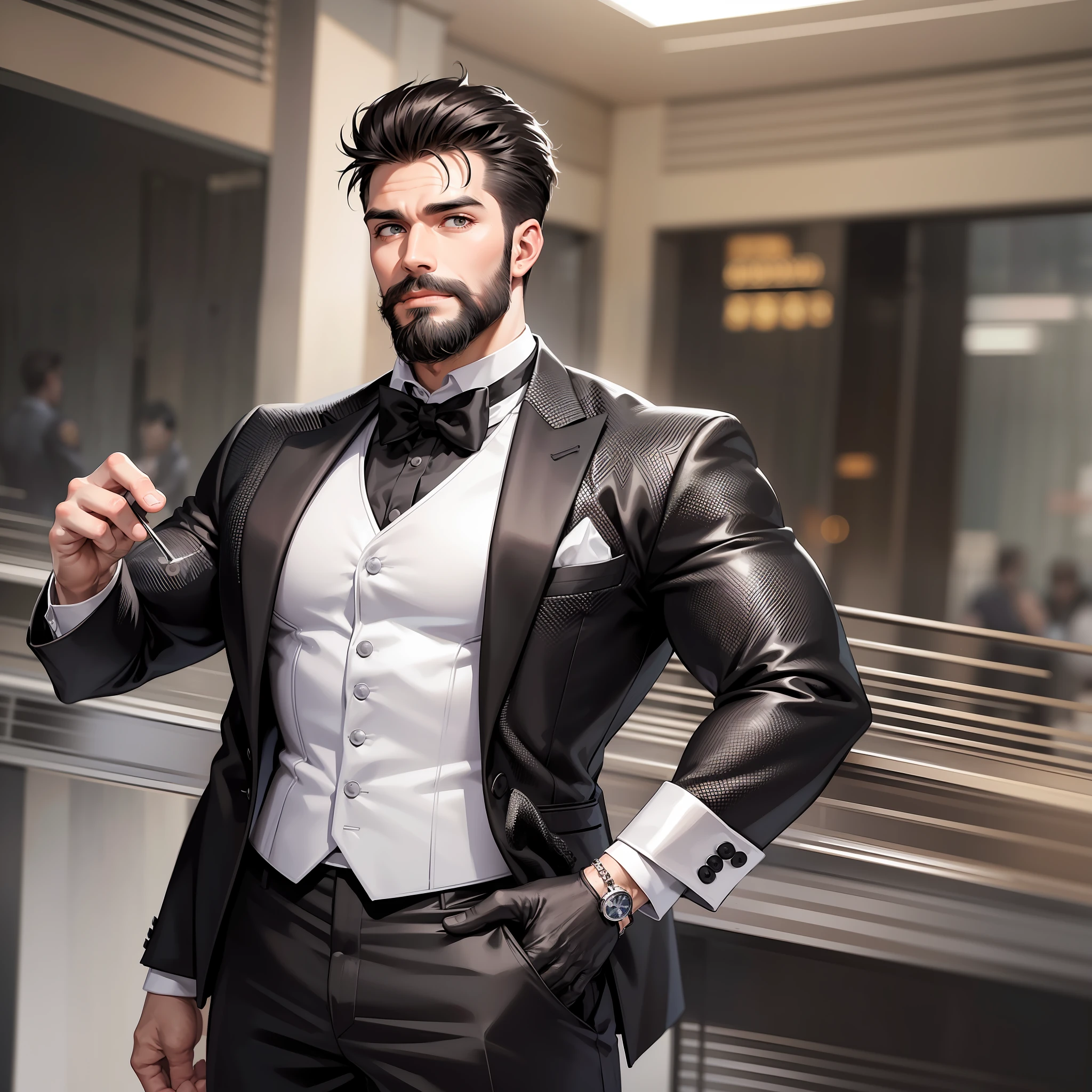 there is a man with tuxedo beard, strong male features, fitness model, attractive muscular men, muscular, shredded, large wide strong physique |, sexy male, exaggerated muscular physique, attractive male, handsome male, physical bodybuilder, very muscular, male model, --auto --s2