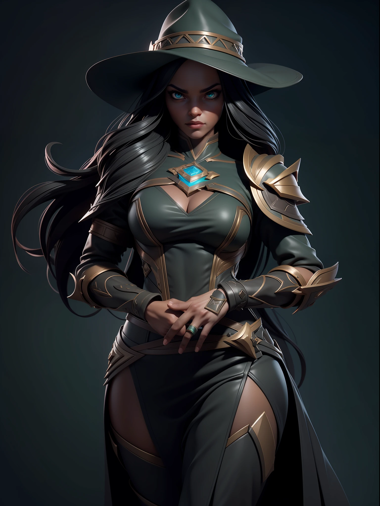 1girl, long hair, breasts, solo, dark-skinned woman, dark skin, jewelry, green eyes, black hair, ring, big breasts, staff, circle, thumb ring, looking at the viewer, hat, very long hair, parted lips, armor, bracelet, hips, side chest, forehead gemstone, shoulder armor, Hyperdetailed, ArtStation, CGsociety, 8K, Surrealist, Zbrush, Unreal Engine 5, Bright colors, Greg Rutkowski,  Darksynth, Weta Digital, Focus, Octane Rendering, Super Sharp, Cinematic Light, High Quality, High Resolution, Style Smooth Color Manga Hayao, Photorealistic, High Detail, 8K, Trending Artstation, Octane Rendering, Cinematic Lighting, 3D Rendering, Vray Caustics, Volumetric Lighting, Dark Atmosphere, Moody Colors, Awe, Concept Art, Unreal Engine 5 Rendering, Cinematic Center Shot, Hyper Realistic,  ultra-detailed;