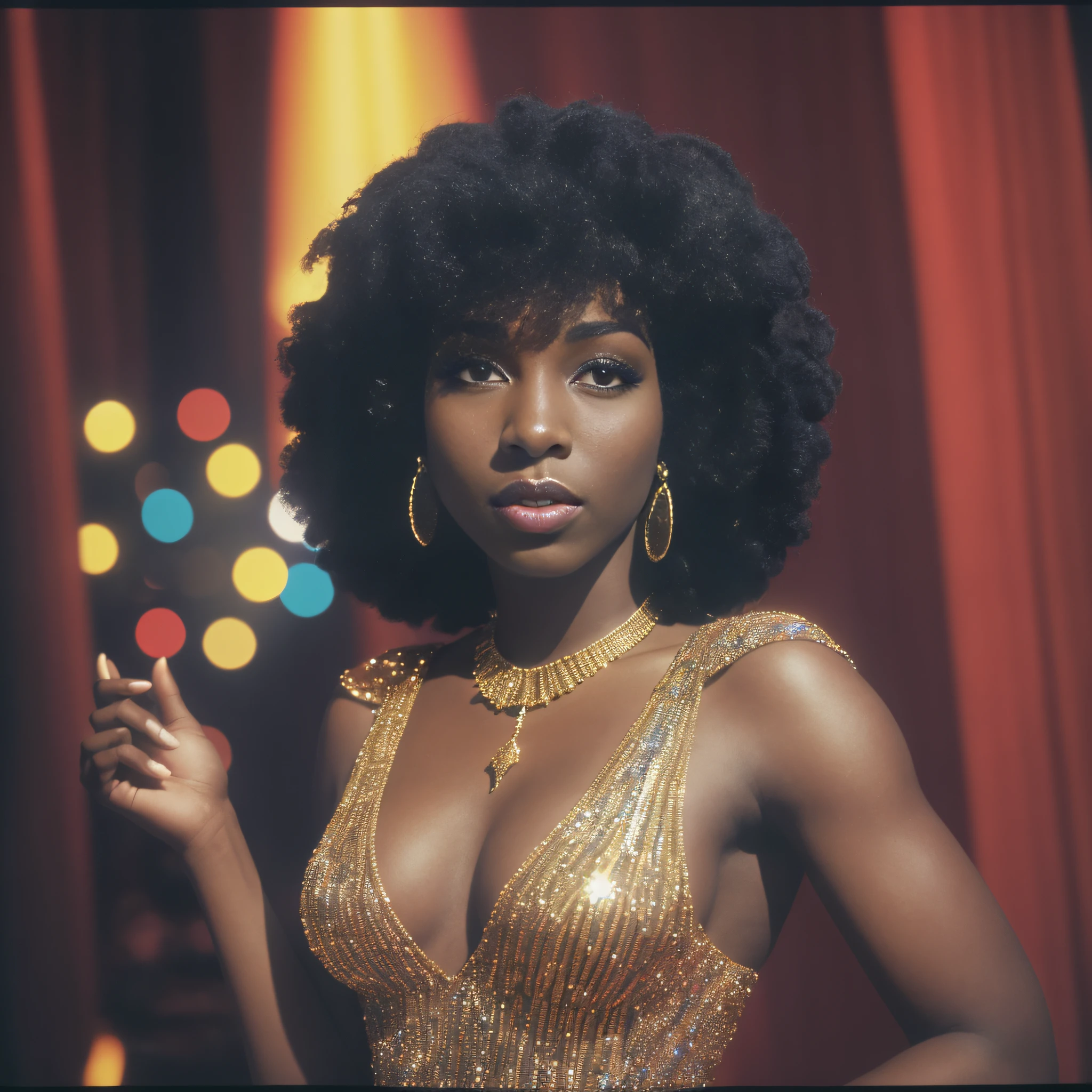 PHOTO ESSAY WITH BLACK WOMAN, 1.80 CM, DRESSED AS BOB MACKIE, INSIDE STUDIO 54 IN NEW YORK DURING A PARTY, IN THE DISCO PERIOD OF THE 1970S, 35mm, f2.5, light against, grain of film, realistic --auto --s2