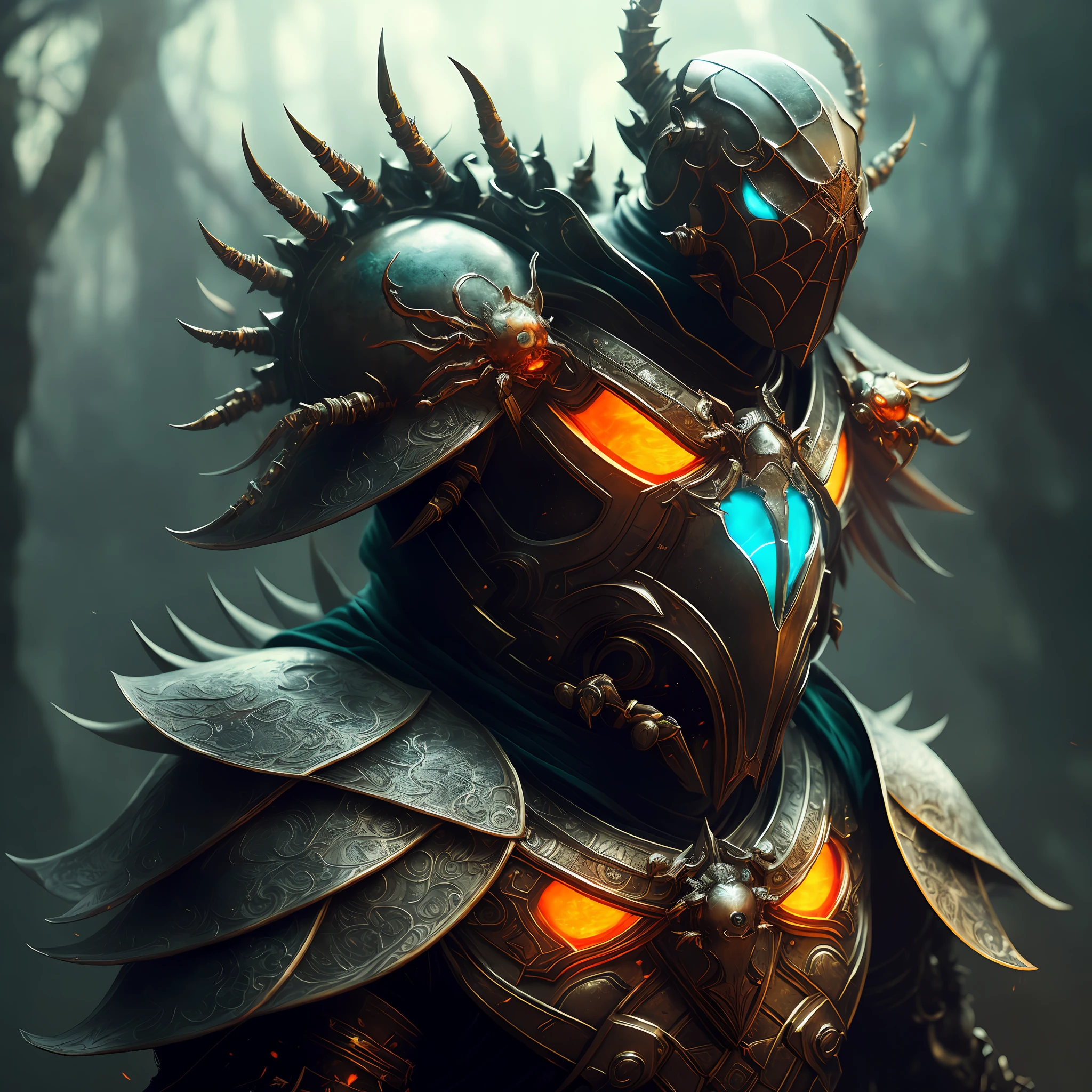 Sitting on the throne, King of the Dead wearing a crown of bones, black mesh robe, spider web, spider on armor, black blade in hand, fantasy, dramatic photo, motion photo, full body view, model pose, blurred background, very detailed, surreal, 8k, (reality:1.3), poster, intricate details, painting\(artwork\), ((masterpiece, best quality)), ((cinematic light)), hyperrealistic, fearsome, dark fantasy \(style\), detailed armor, detailed spider helmet, spider head, eight hands, eight eyes, terrible, scary, ugly, mutations, mouth on the stomach, (dark shot:1.17), epic realistic, faded, ((neutral color), art, (HDR: 1.5), (Pastel Colors: 1.2), Ultra Detailed, (ArtStation: 1.5), Cinematic, Warm Light, Dramatic Light, (Complex Detail: 1.1), Complex Background, (Rutkowski: 0.8), (Teal and Orange: 0.4)